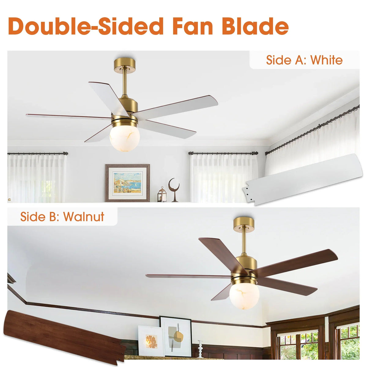 Double-sided LED ceiling fan with white and walnut blades, golden housing