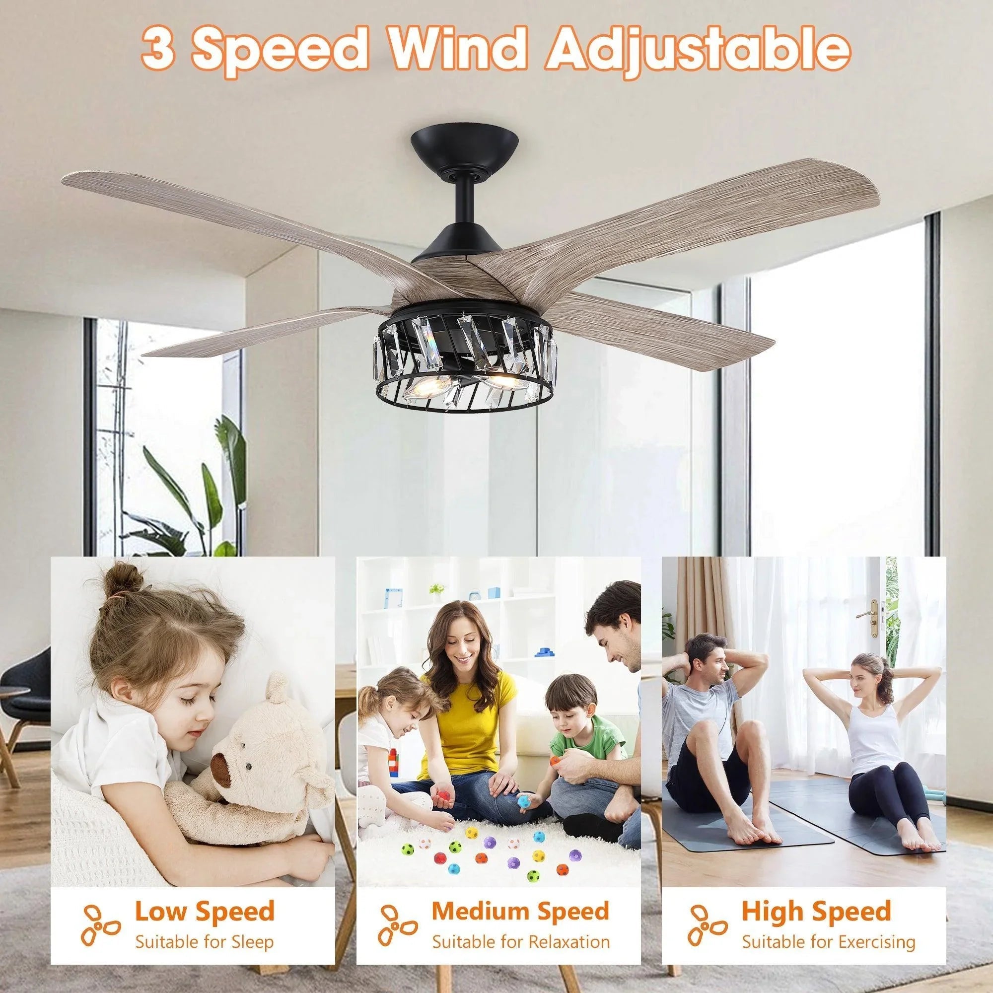 Ceiling fan with black housing, wood blades, and lit crystal-style lamp shade