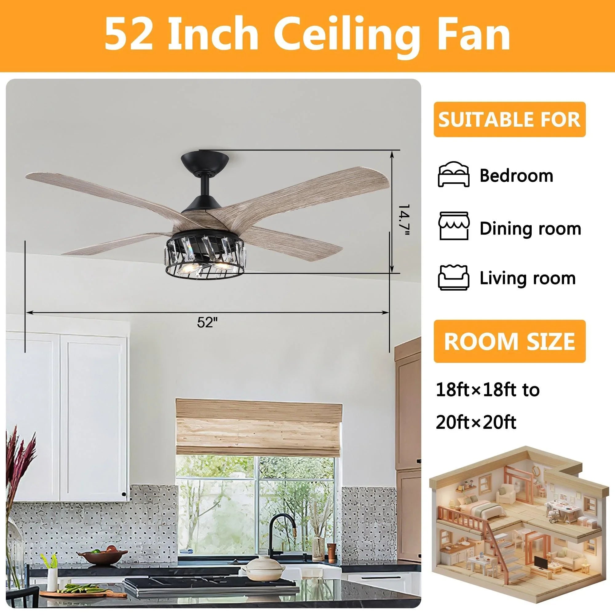 52-inch ceiling fan with five light wood blades and black crystal-style glass light