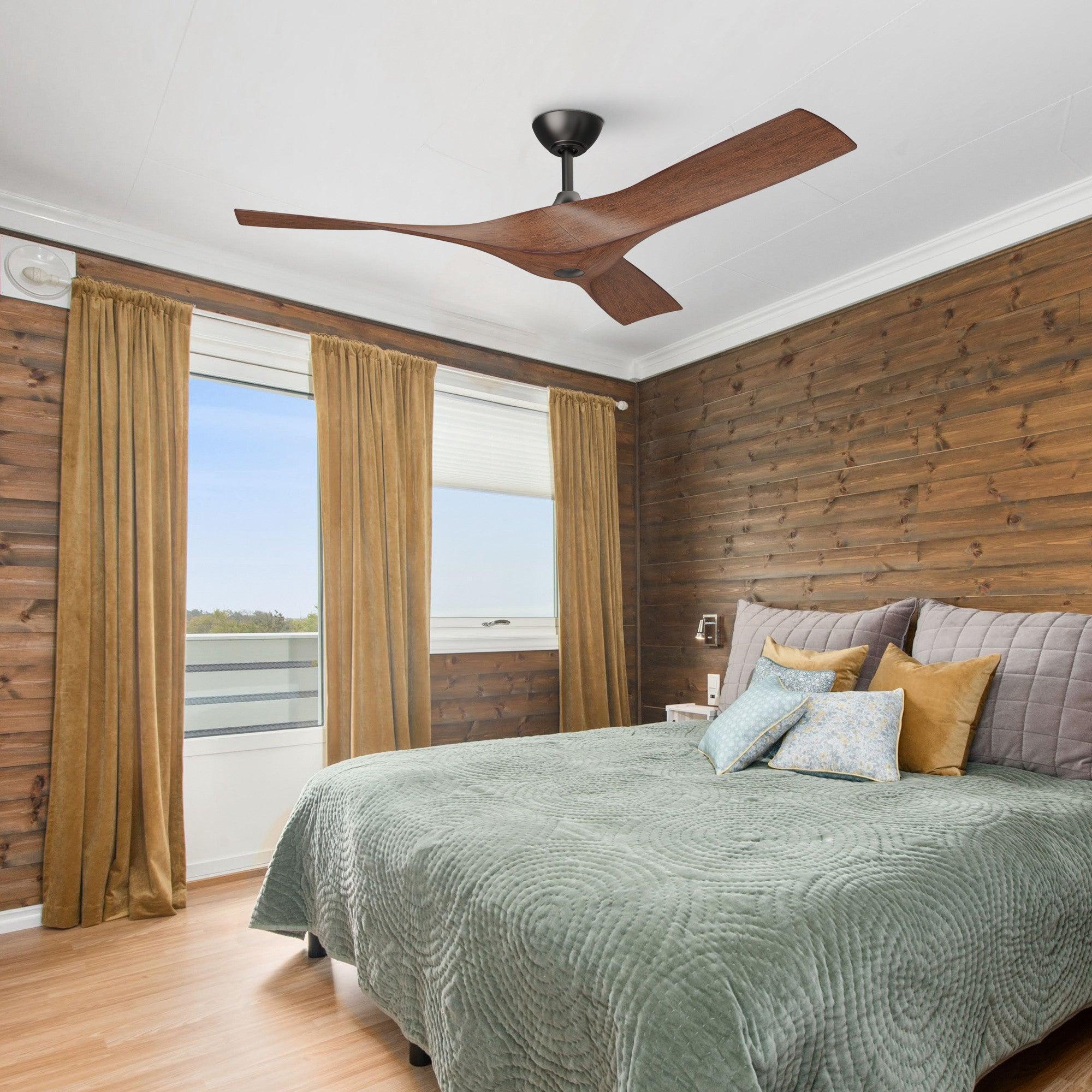 Ceiling fan with brown wood-look reversible blades and black motor housing