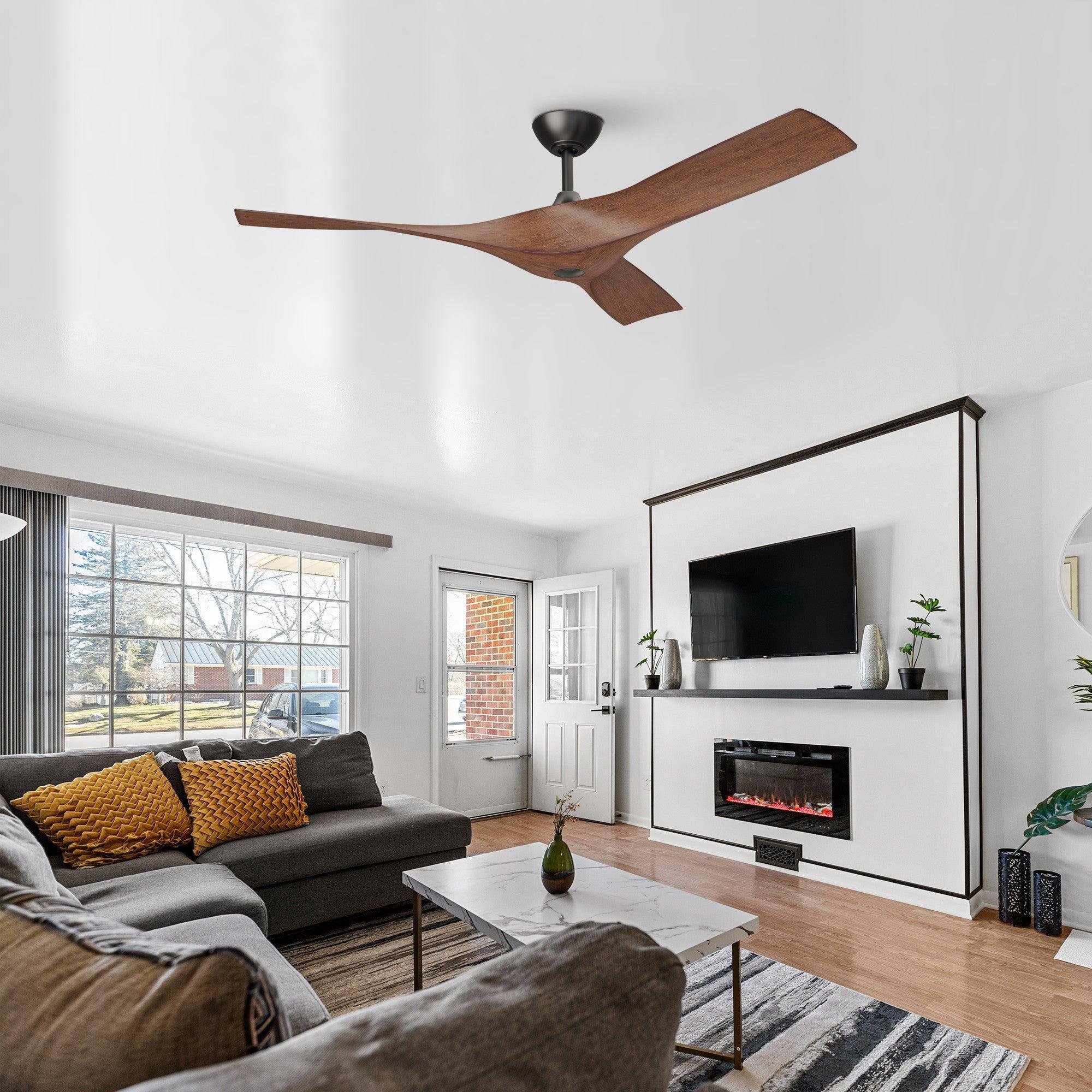 Reversible ceiling fan with brown wood-look blades, black motor housing, and downrod mount