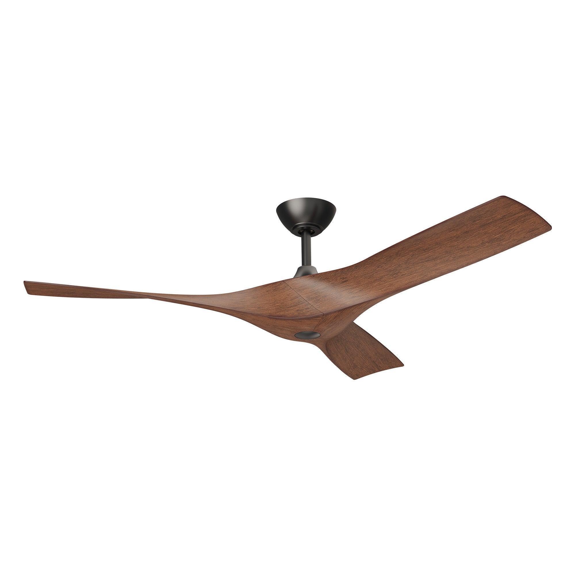 Reversible ceiling fan with brown wood-look blades and black downrod mount