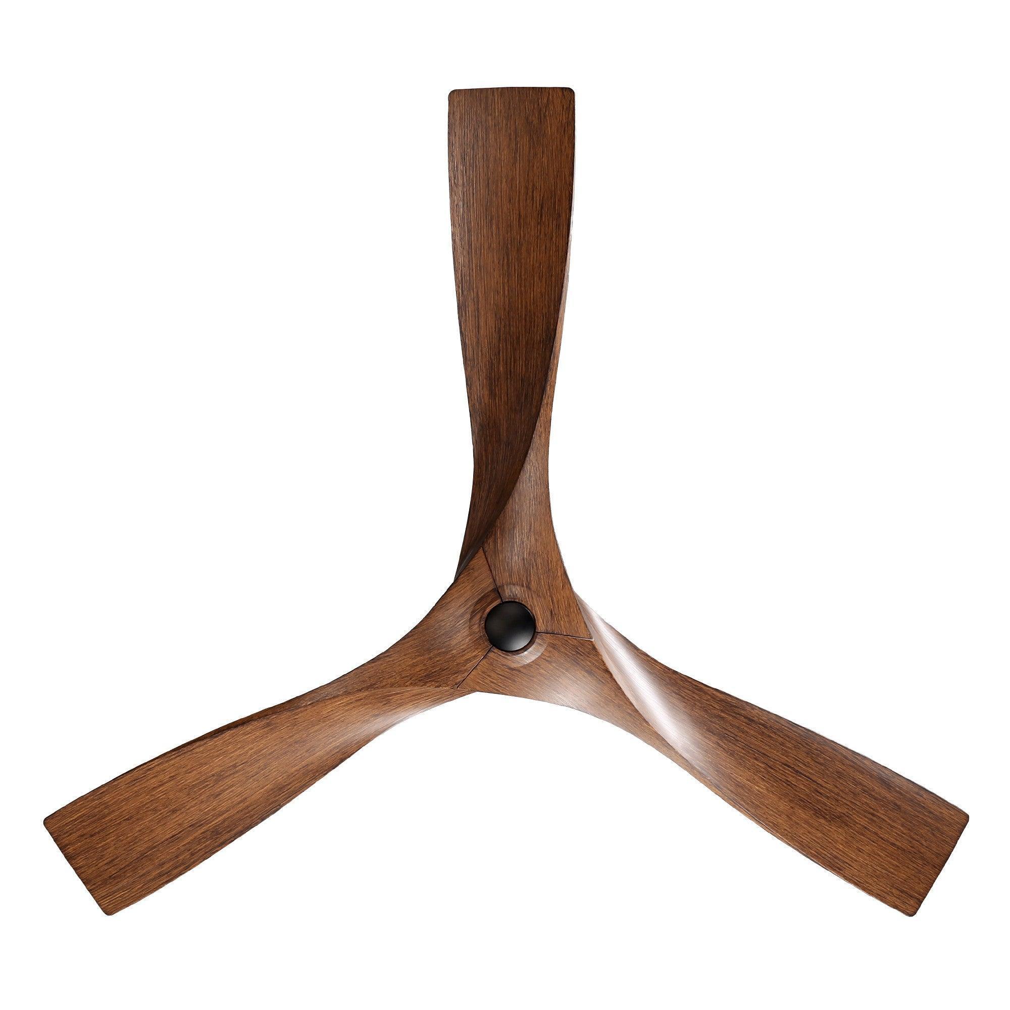 Reversible ceiling fan blade set in brown wood finish with center motor hub