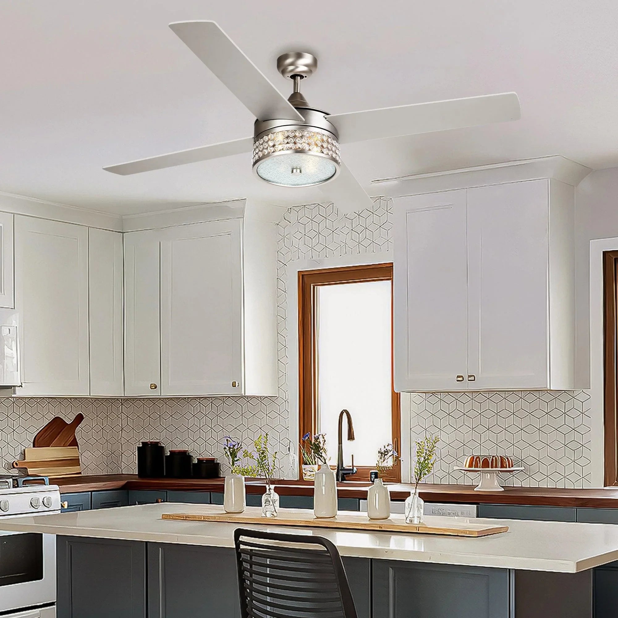Satin nickel ceiling fan with glass light cover and five blades