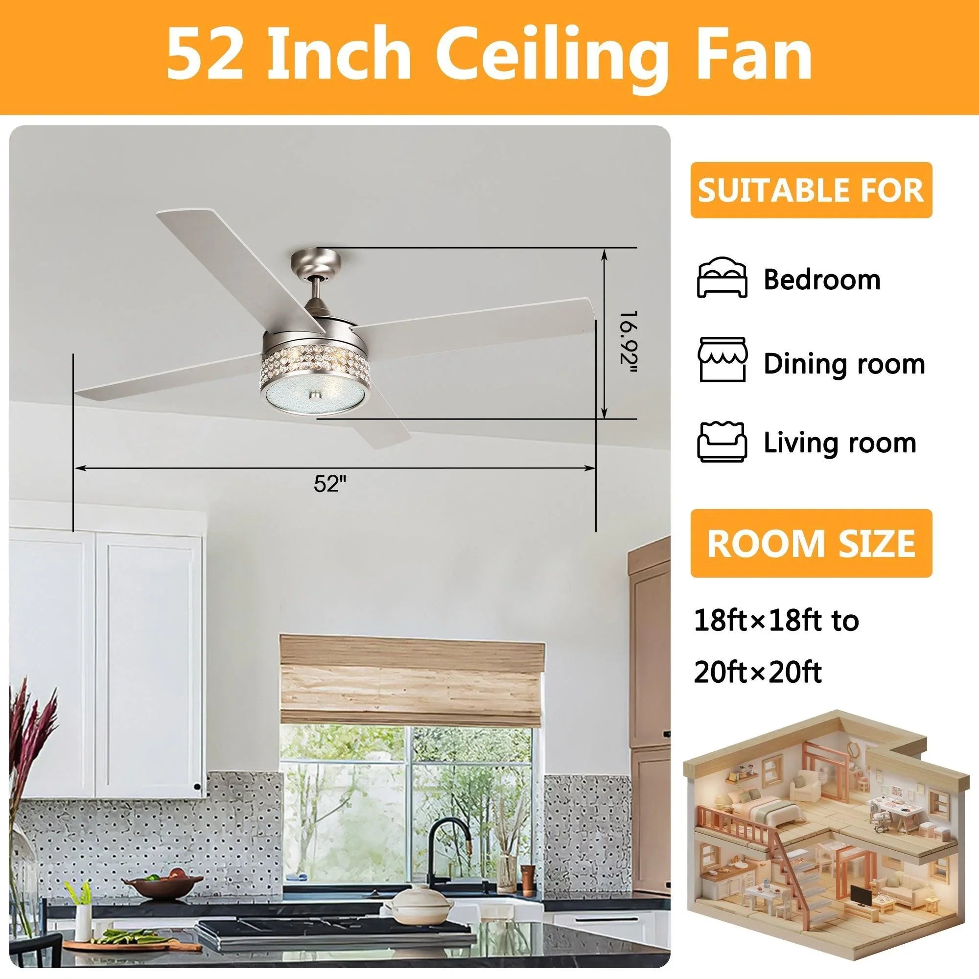 52-inch ceiling fan with integrated light, five blades, and downrod mount