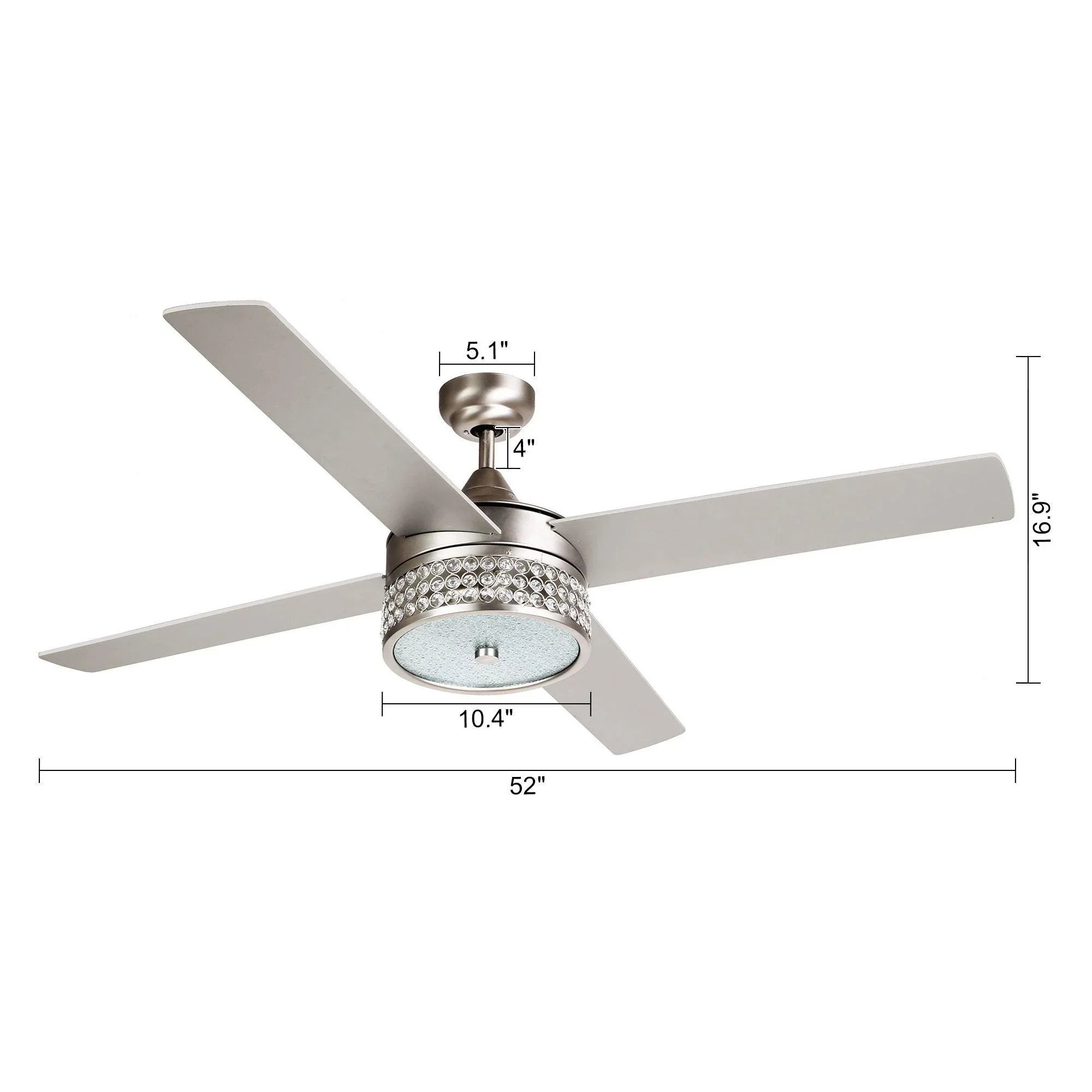 Satin nickel 52-inch ceiling fan with light kit and five blades, shown with measurements