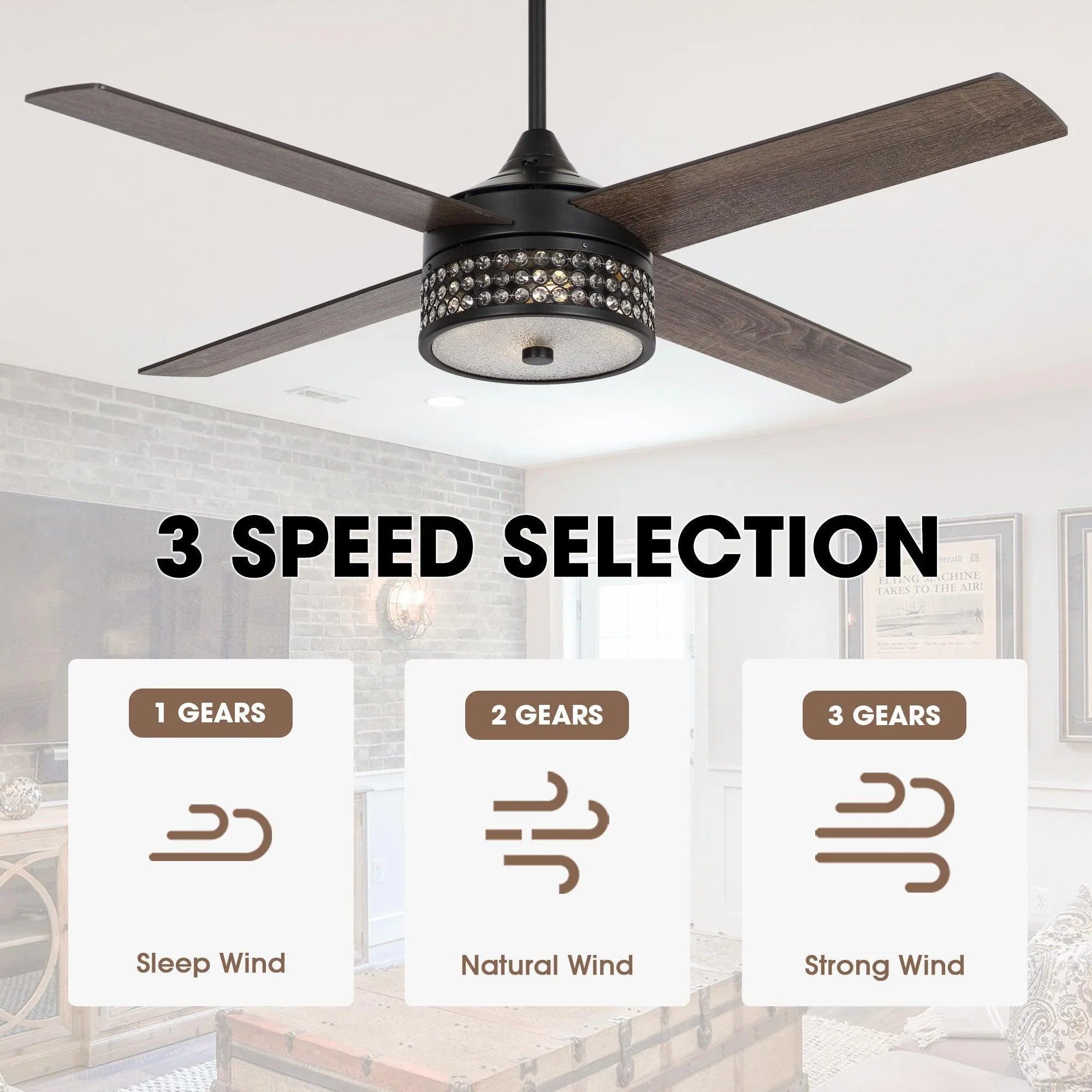Modern ceiling fan with light and four blades, 3-speed selection icons