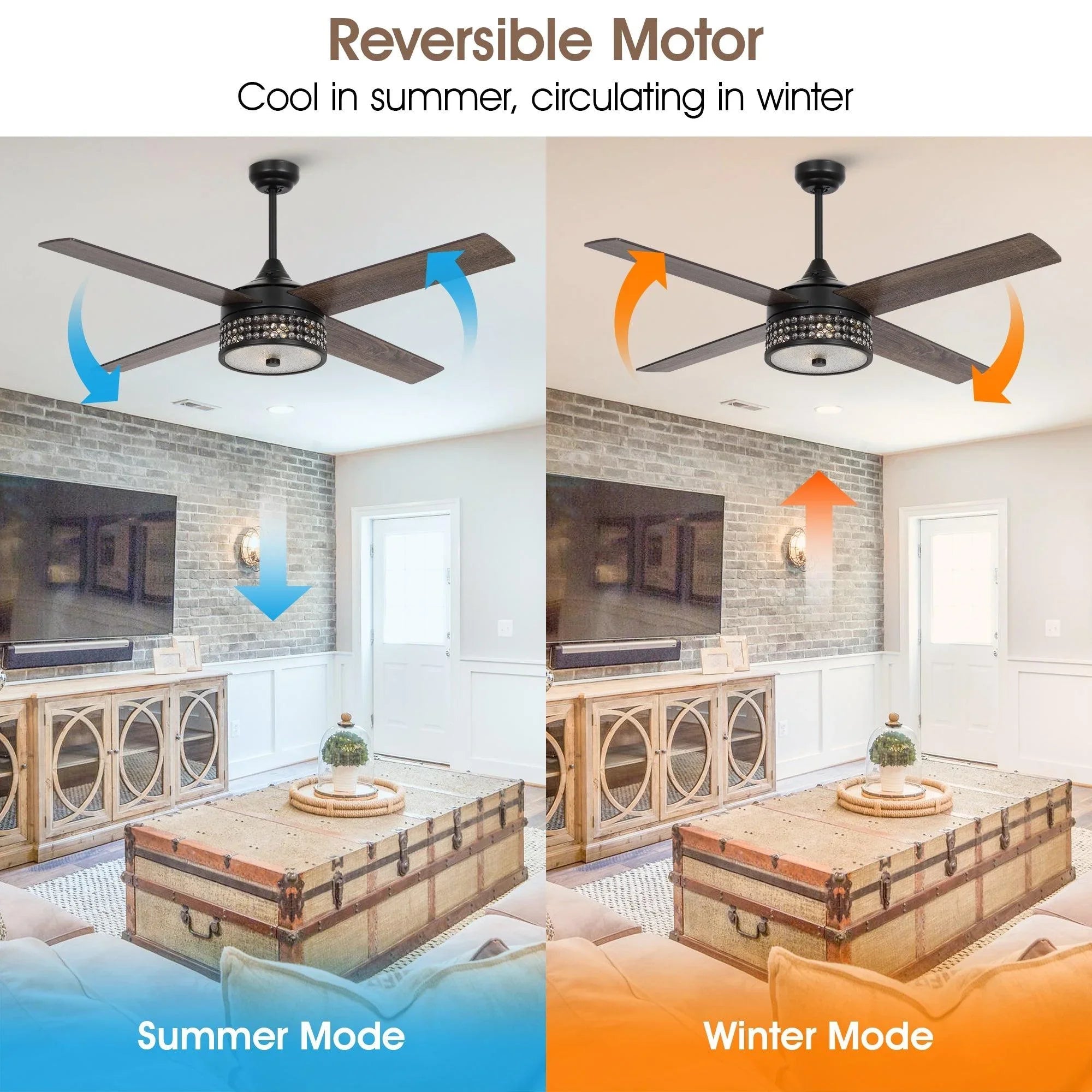 Reversible ceiling fan with light and four dark blades, showing summer and winter airflow