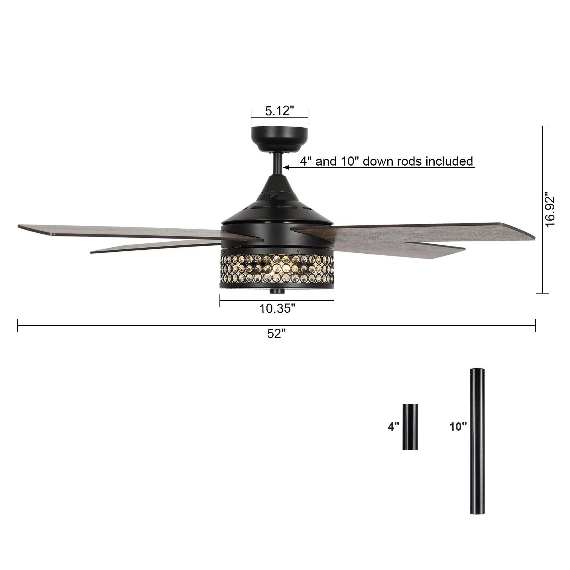 Black 52-inch ceiling fan with light kit and 5-blade design, downrod mount, dimensions shown