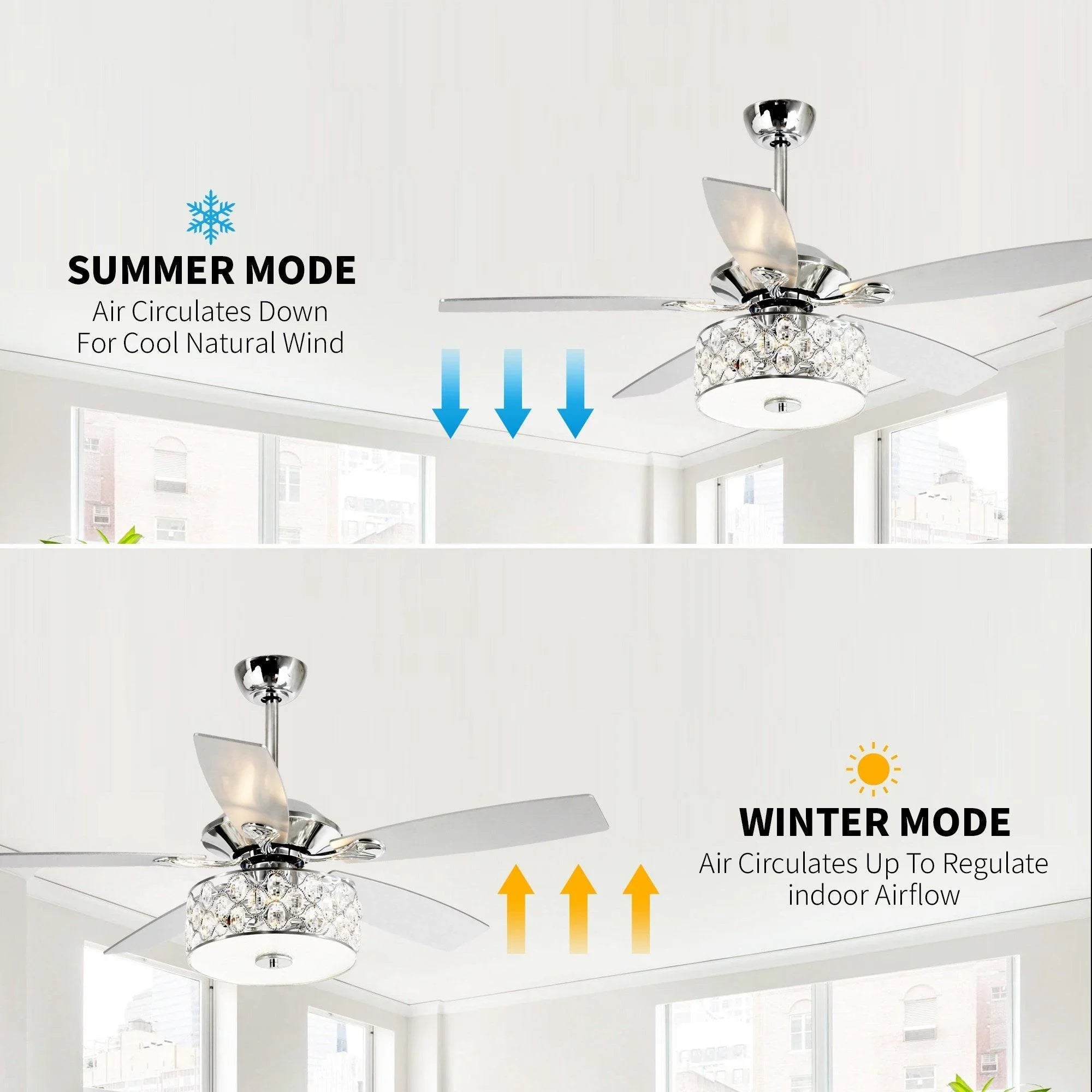 Chrome ceiling fan with crystal lamp light and silver blades in a bright room