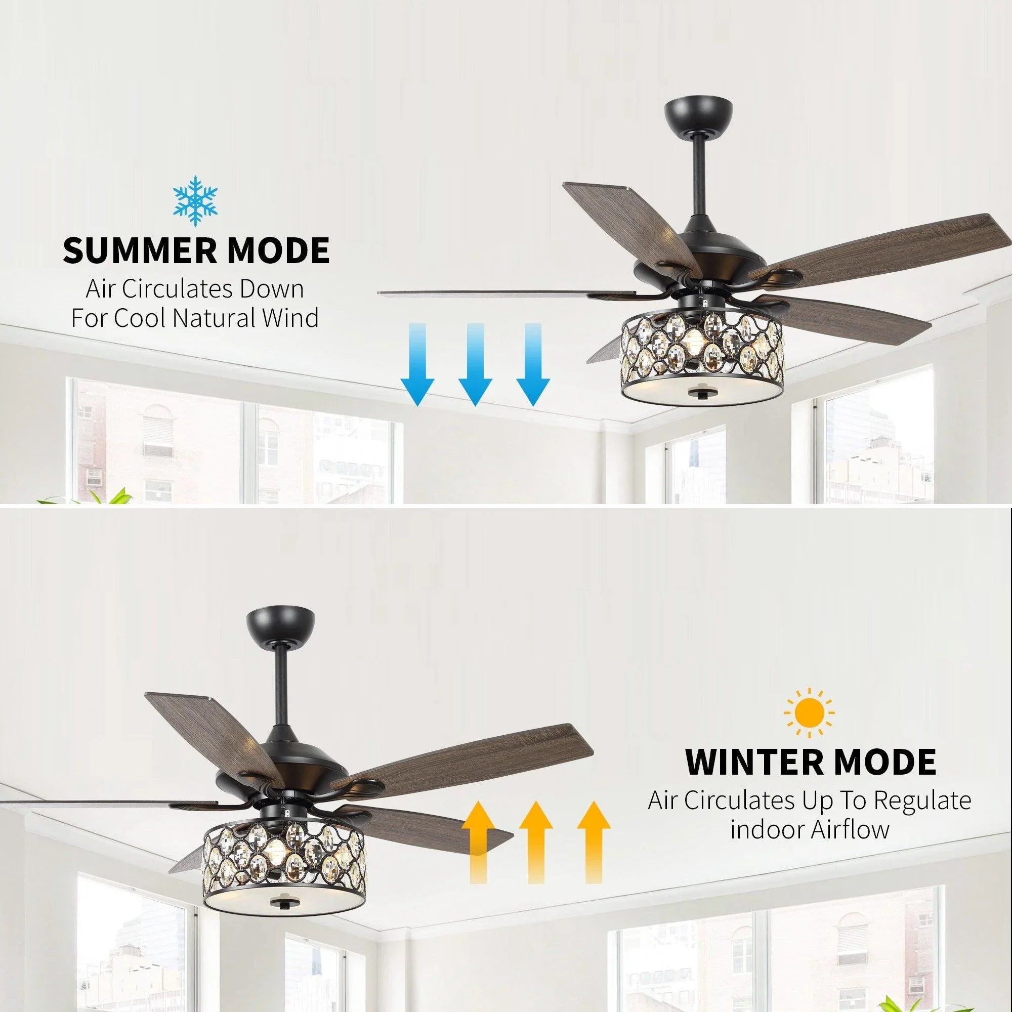 Ceiling fan with crystal glass light and airflow arrows for summer and winter modes