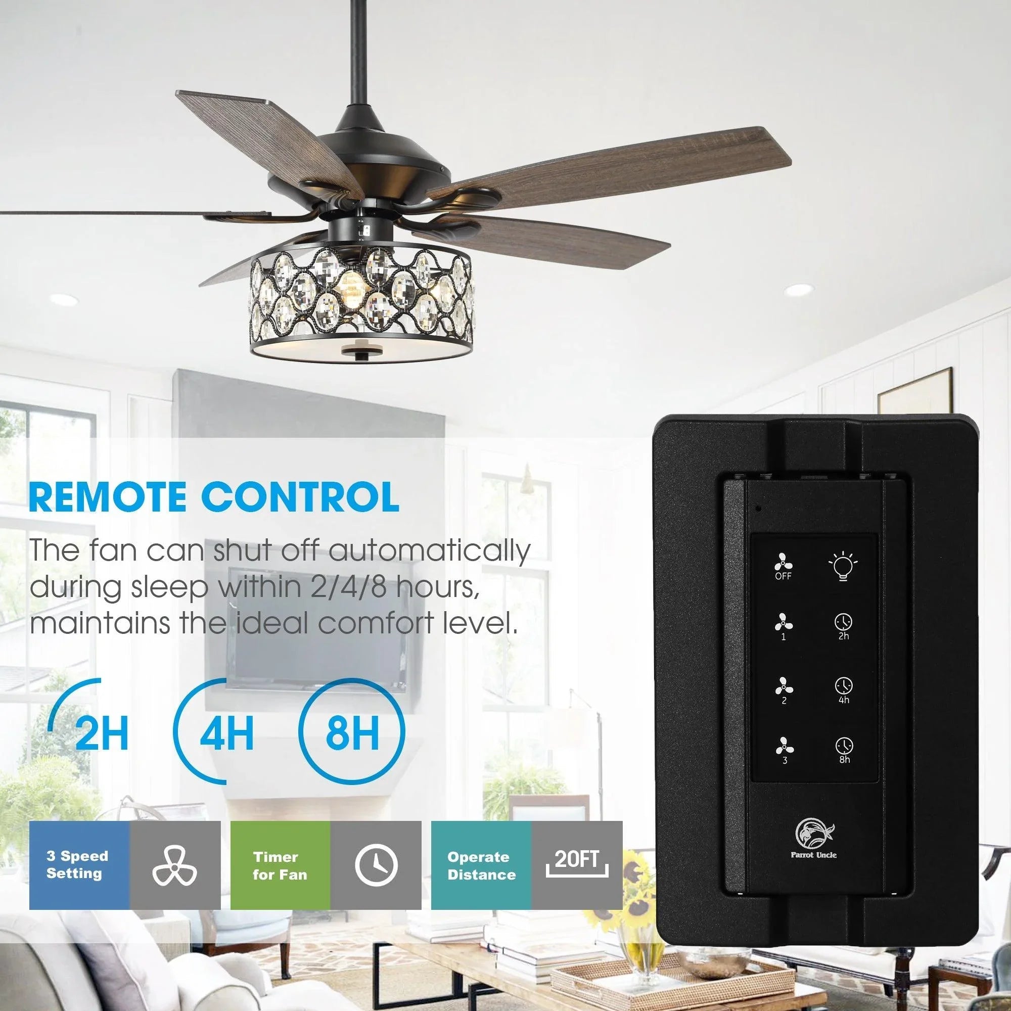 Ceiling fan with crystal light glowing and matching black remote control