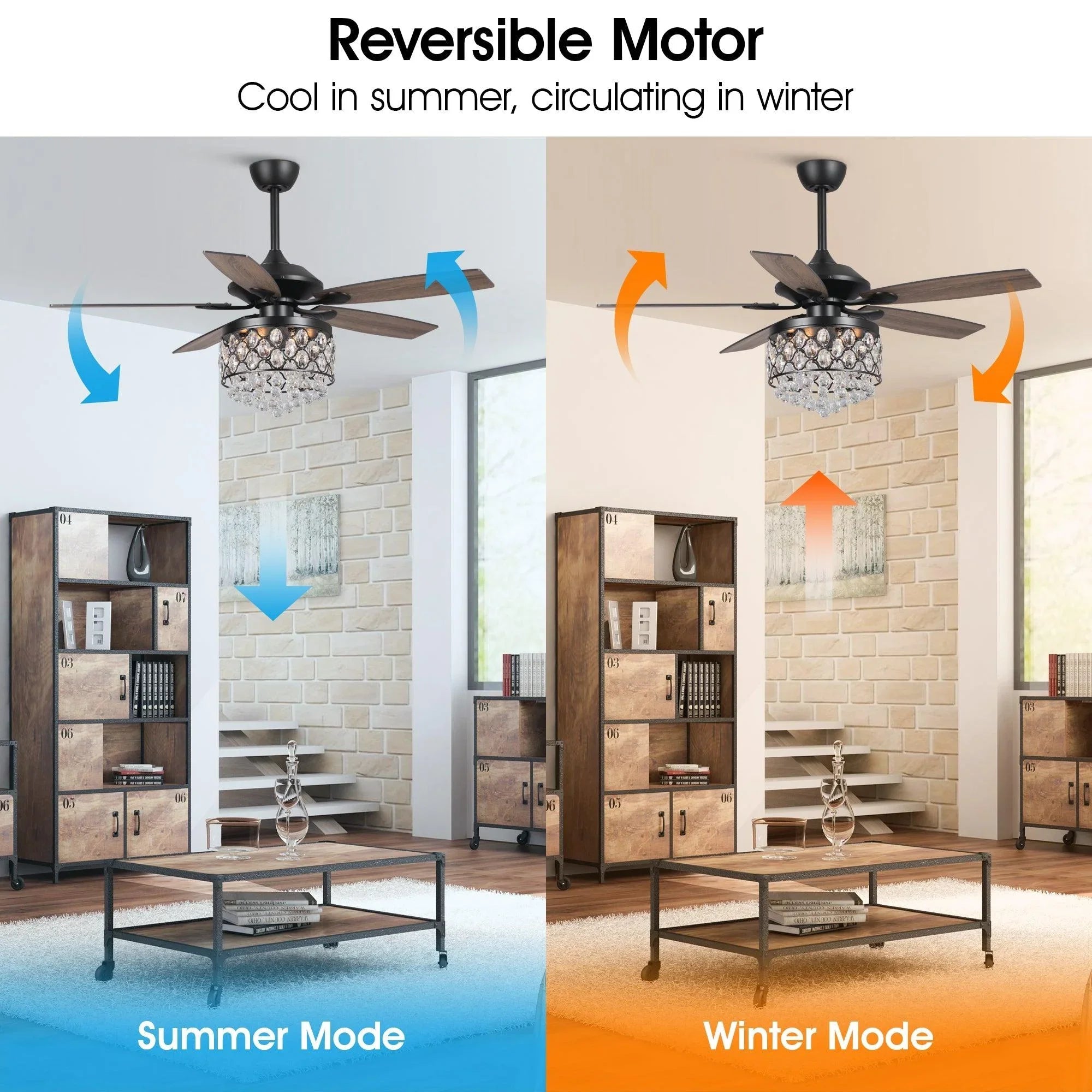 Reversible ceiling fan showing summer and winter airflow directions, with crystal light