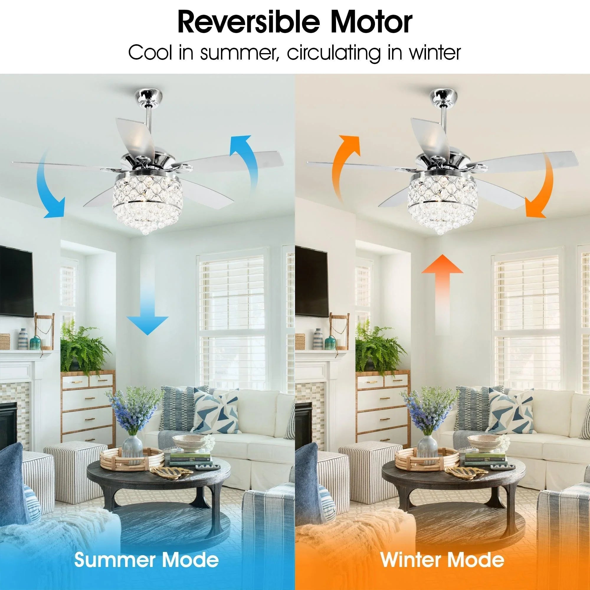 Reversible ceiling fan in summer vs winter modes, with crystal light kit