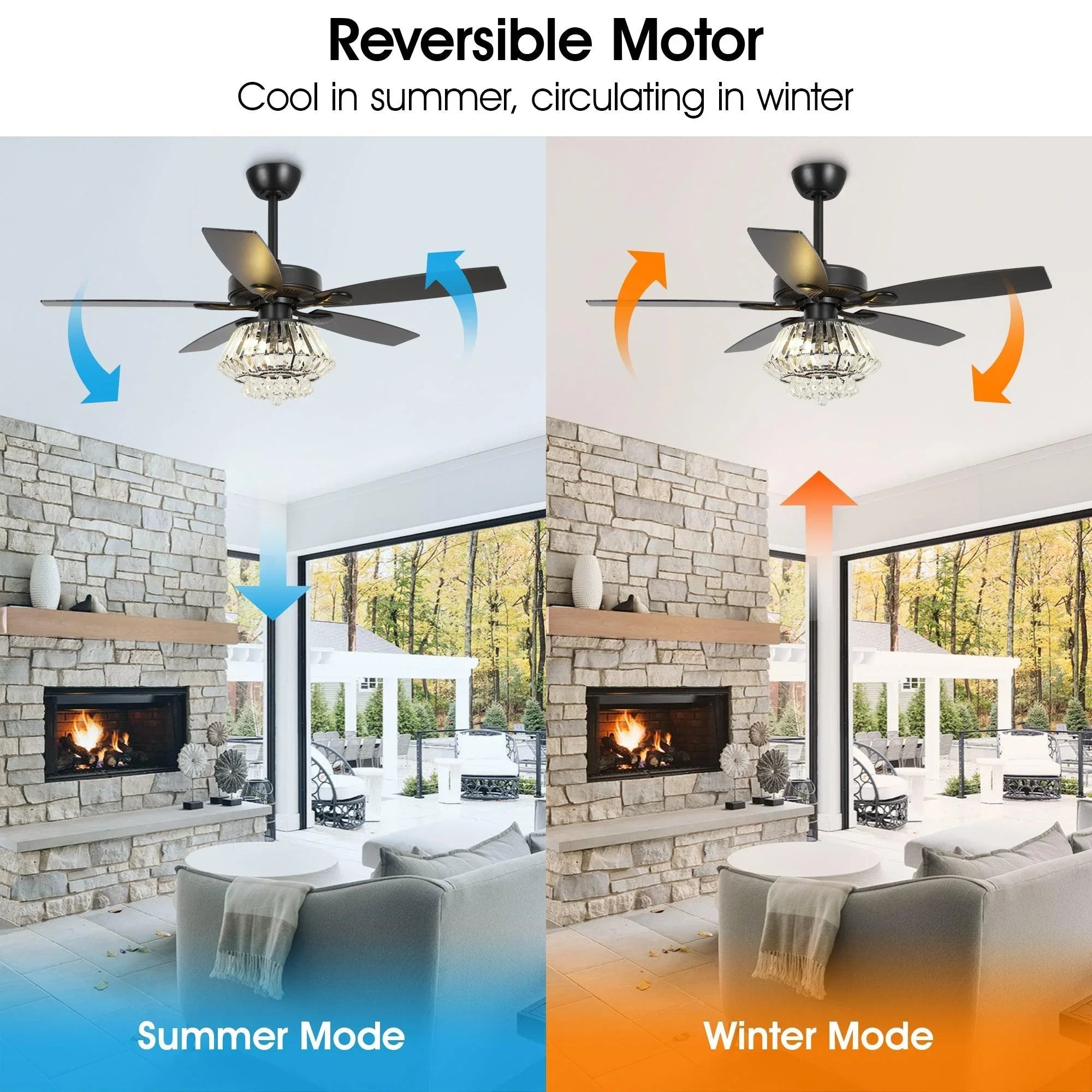 Black reversible ceiling fan with crystal light kit and airflow direction arrows