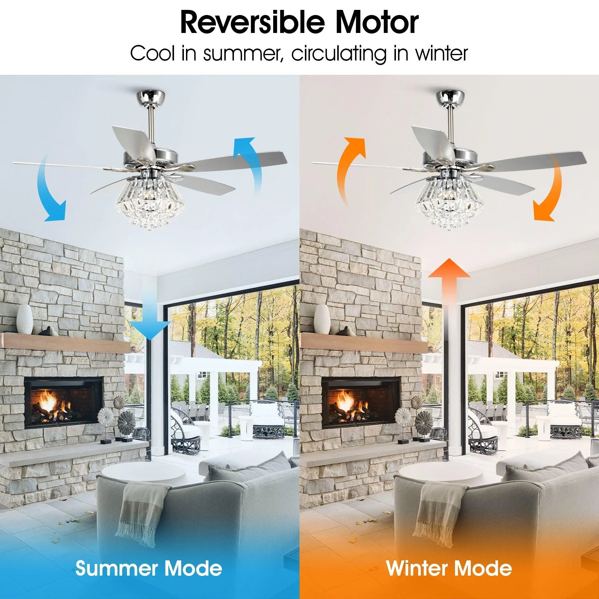 Chrome reversible ceiling fan with crystal light kit and airflow direction arrows
