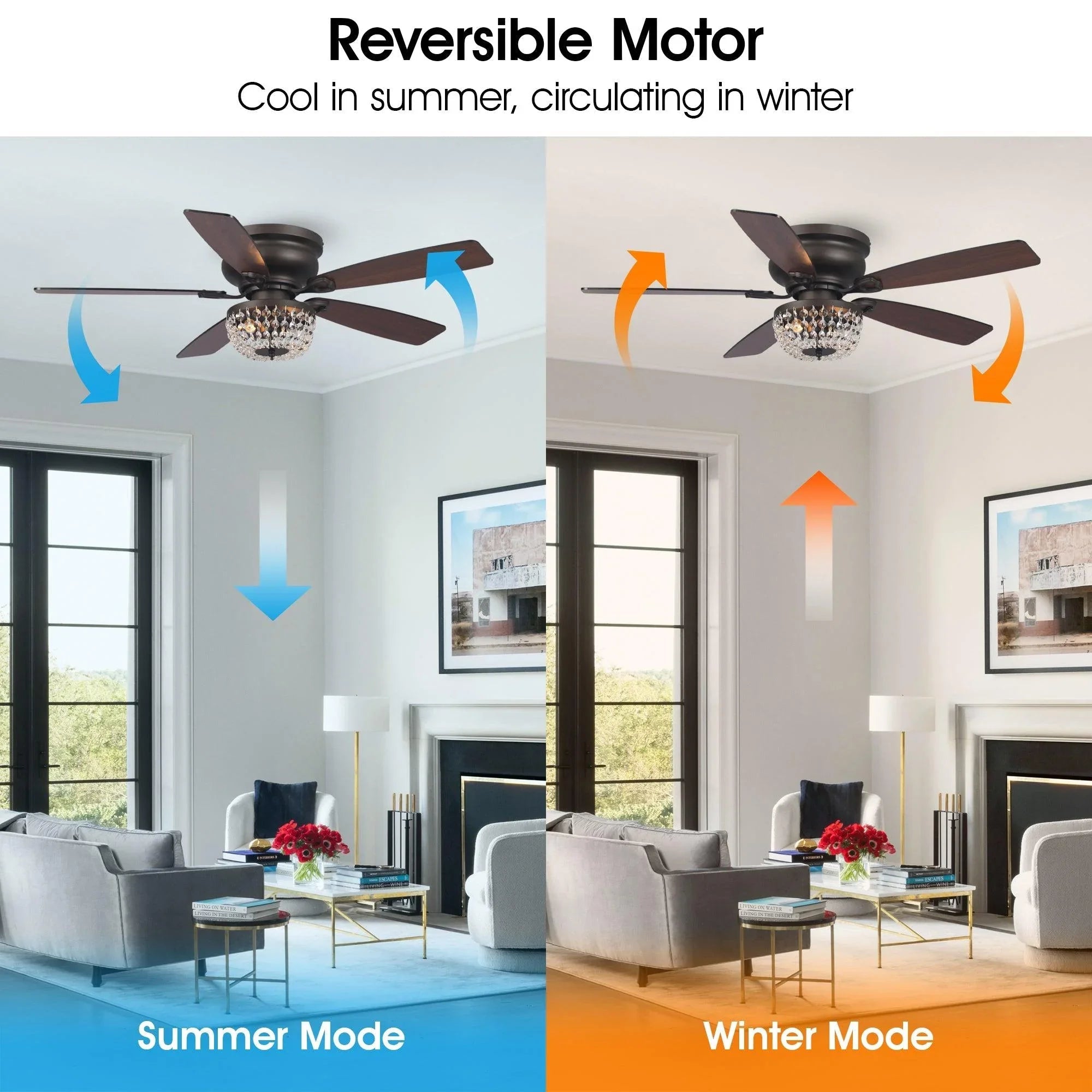 Reversible flush-mount ceiling fan with crystal light and dark blade set