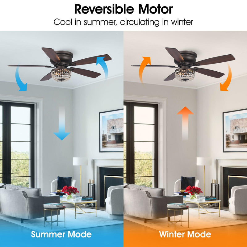 Parrot Uncle 48-Inch Modern Flush Mount Reversible Crytsal Ceiling Fan with Lighting and Remote Control