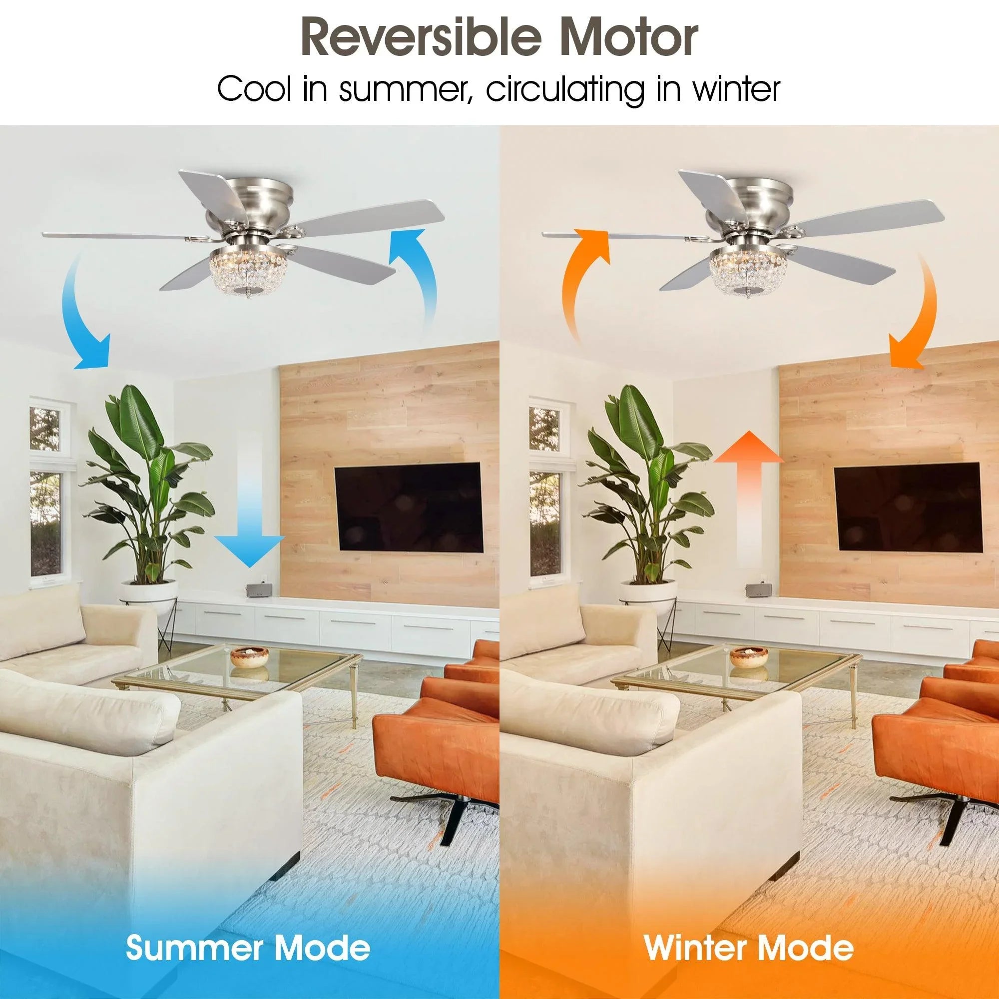 Reversible ceiling fan with crystal light, silver finish, two-tone blades