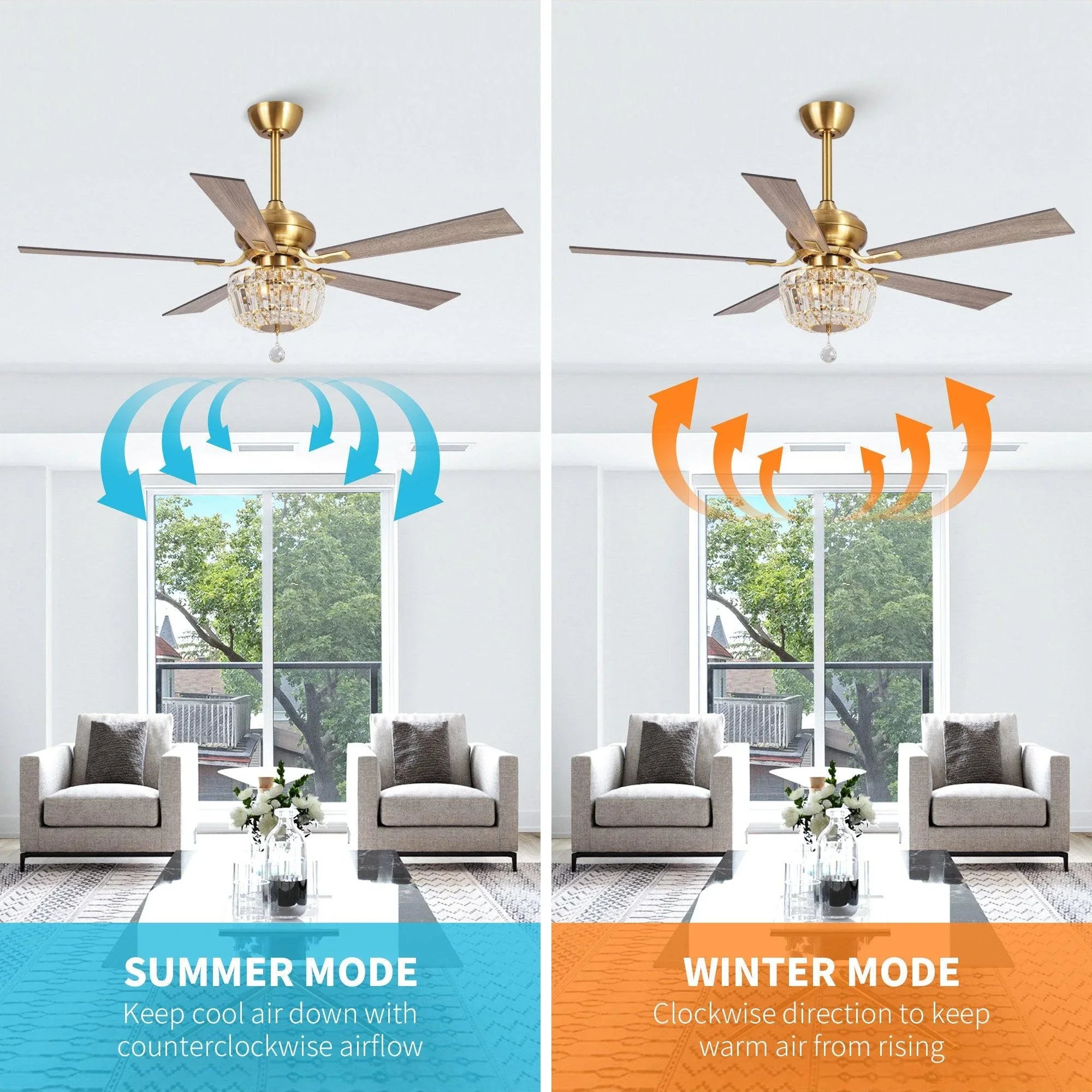 Ceiling fan with crystal light showing summer and winter airflow directions on display