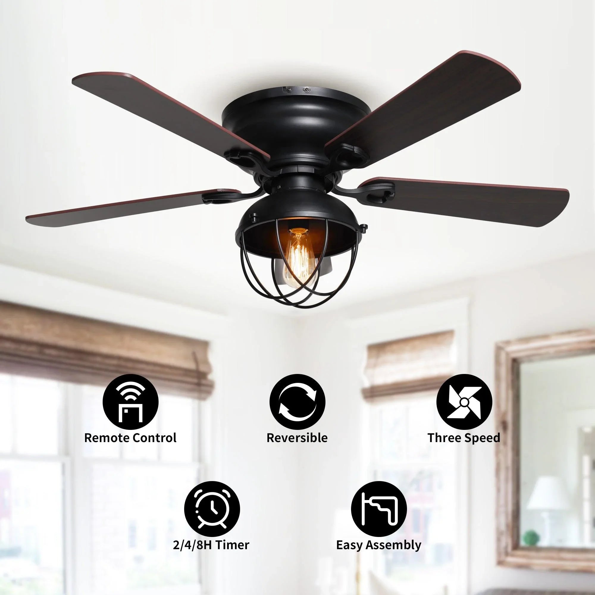 Black ceiling fan with dark wood blades, cage light, and remote-control icons
