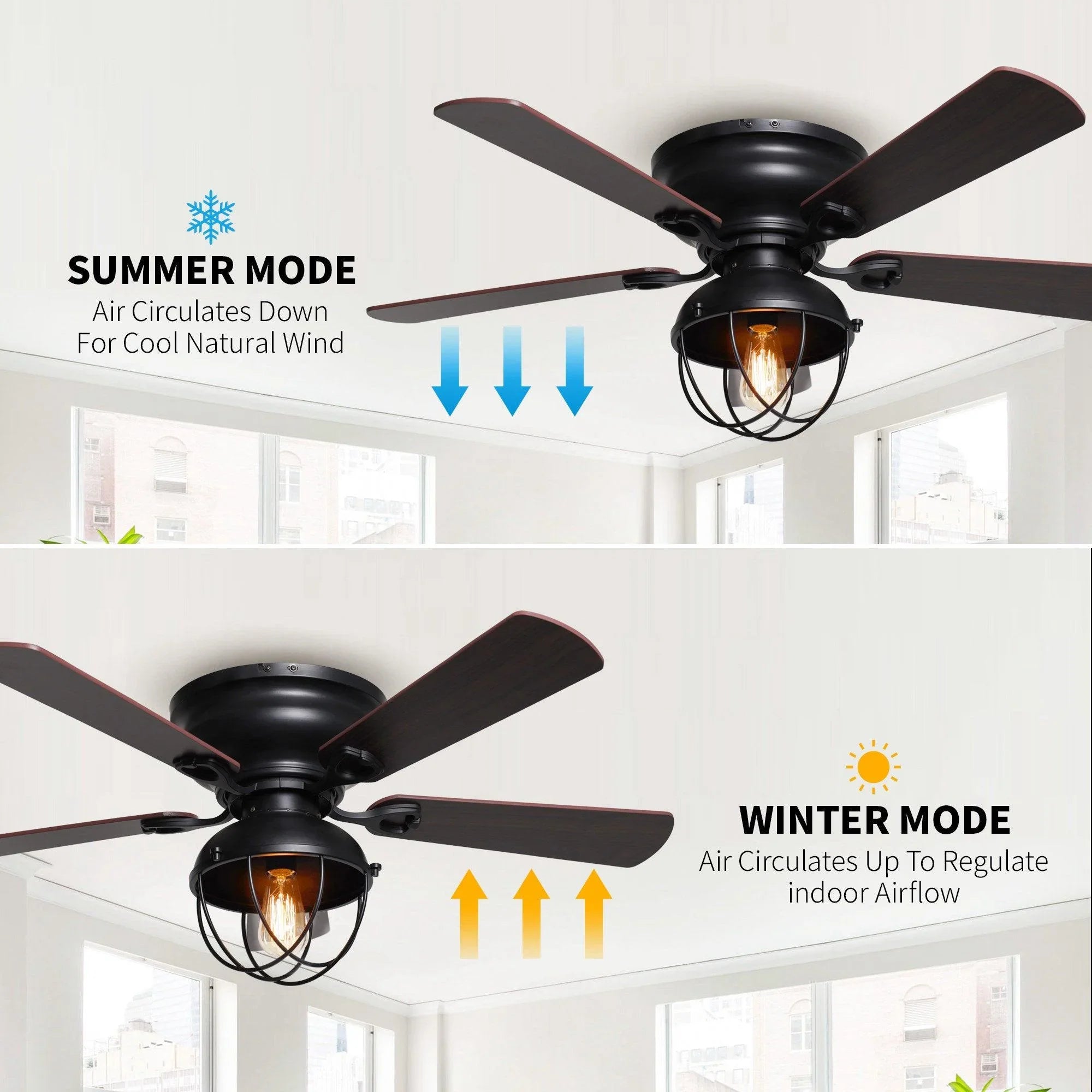 Black flush-mount ceiling fan with five reversible wood blades and light kit