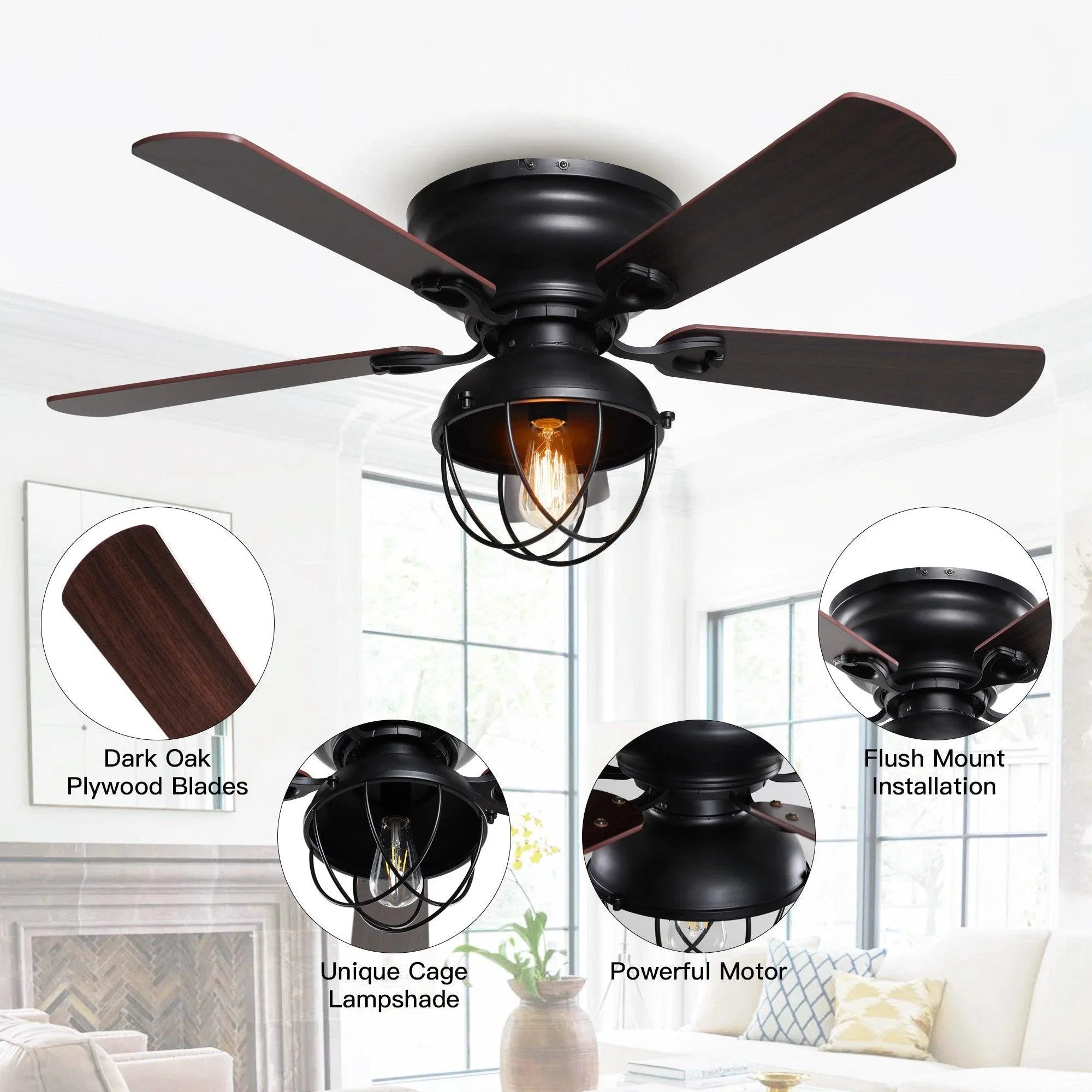 Black flush-mount ceiling fan with dark oak blades and caged lamp light