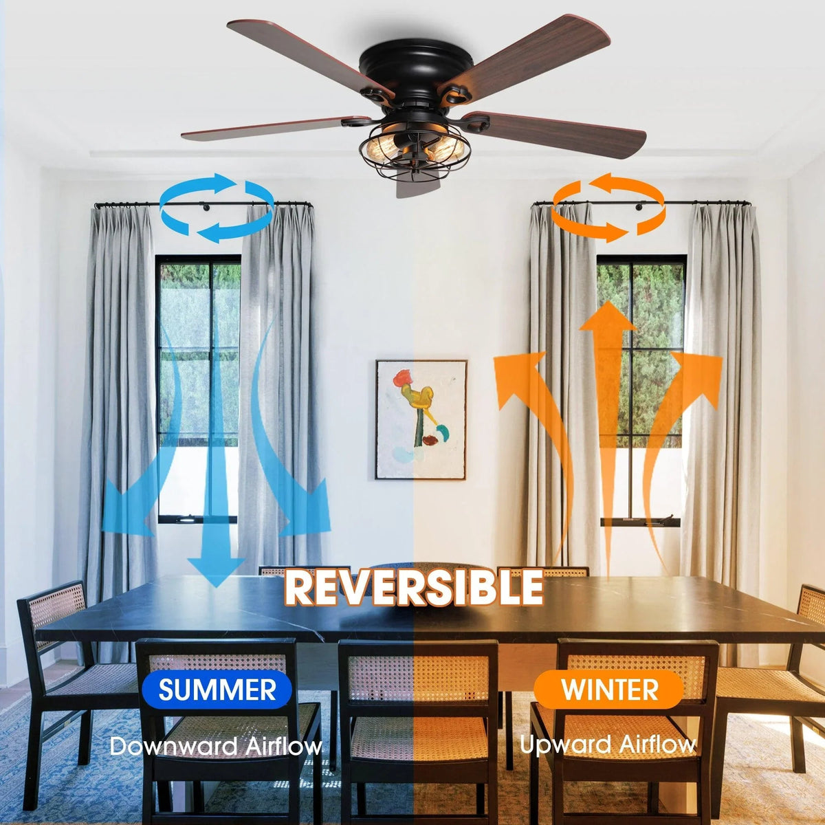 Black industrial flush-mount ceiling fan with 48-inch reversible wood blades and light