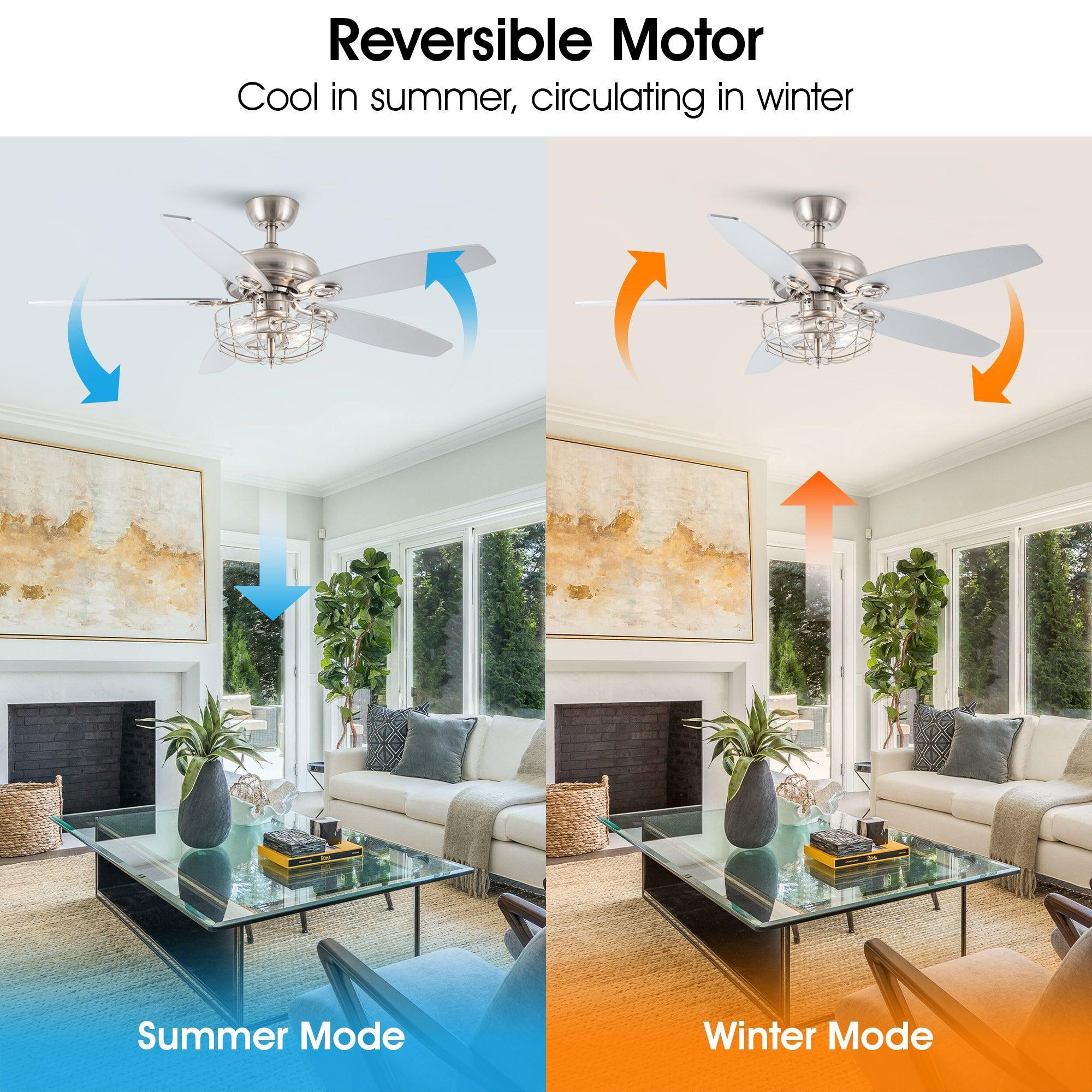 Reversible brushed nickel ceiling fan with caged light and five pale blades.