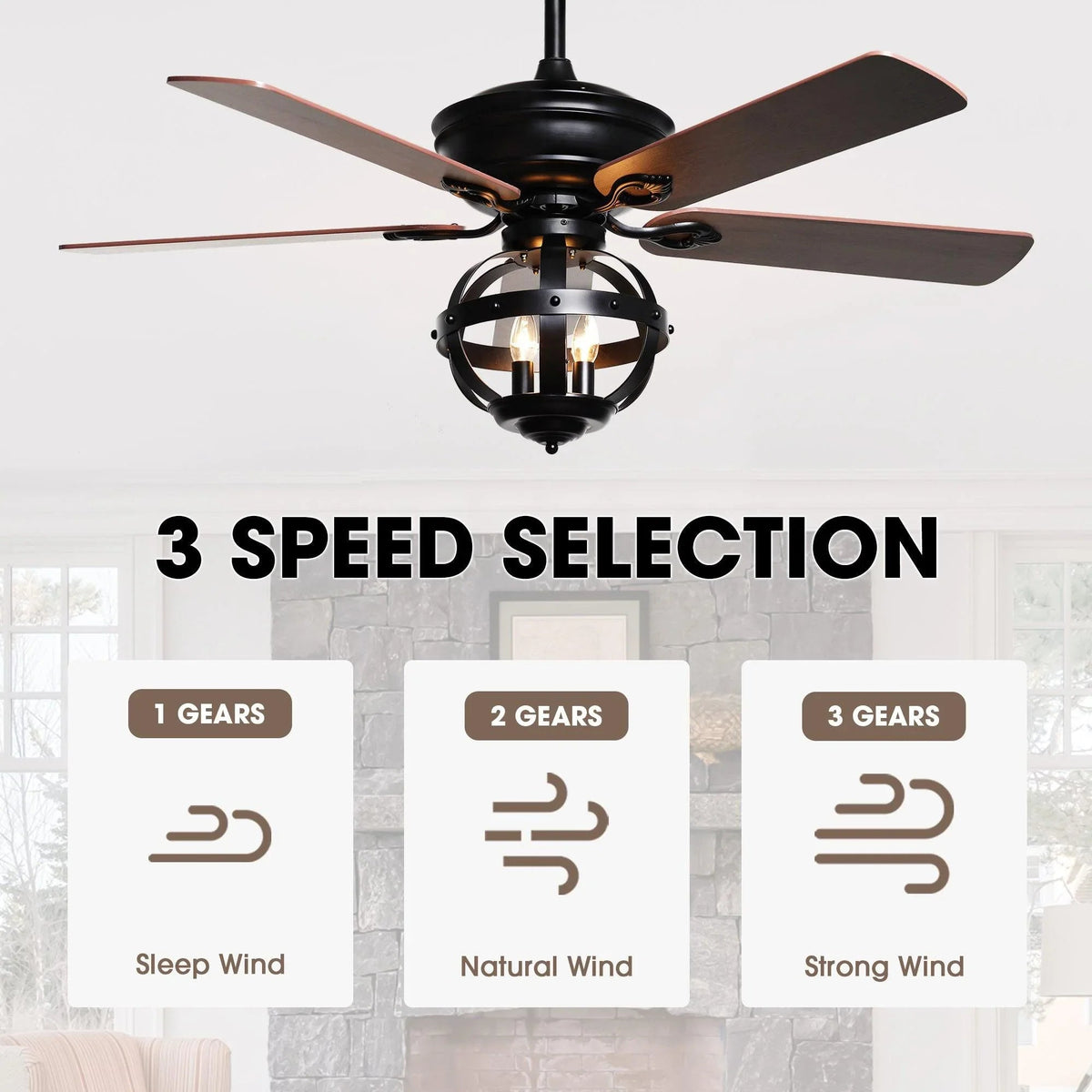 Black ceiling fan with wood blades and central light cage