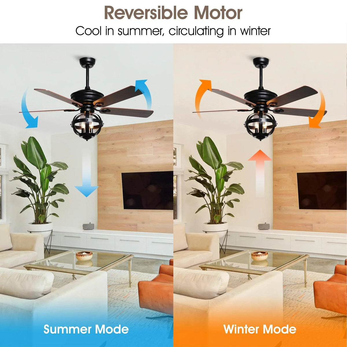 Reversible black ceiling fan with wood blades and airflow direction arrows