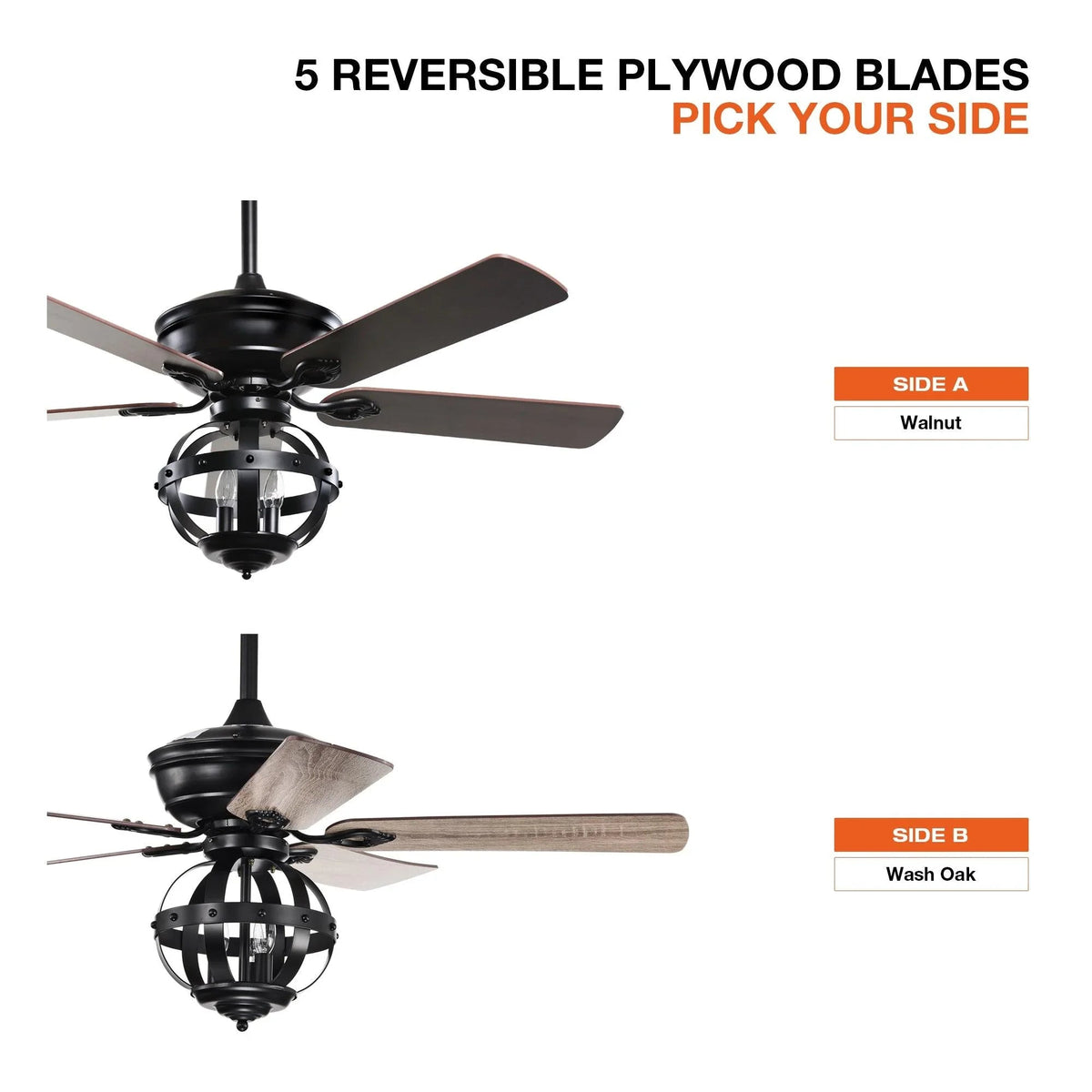 Ceiling fan with five reversible plywood blades, black housing, walnut and oak