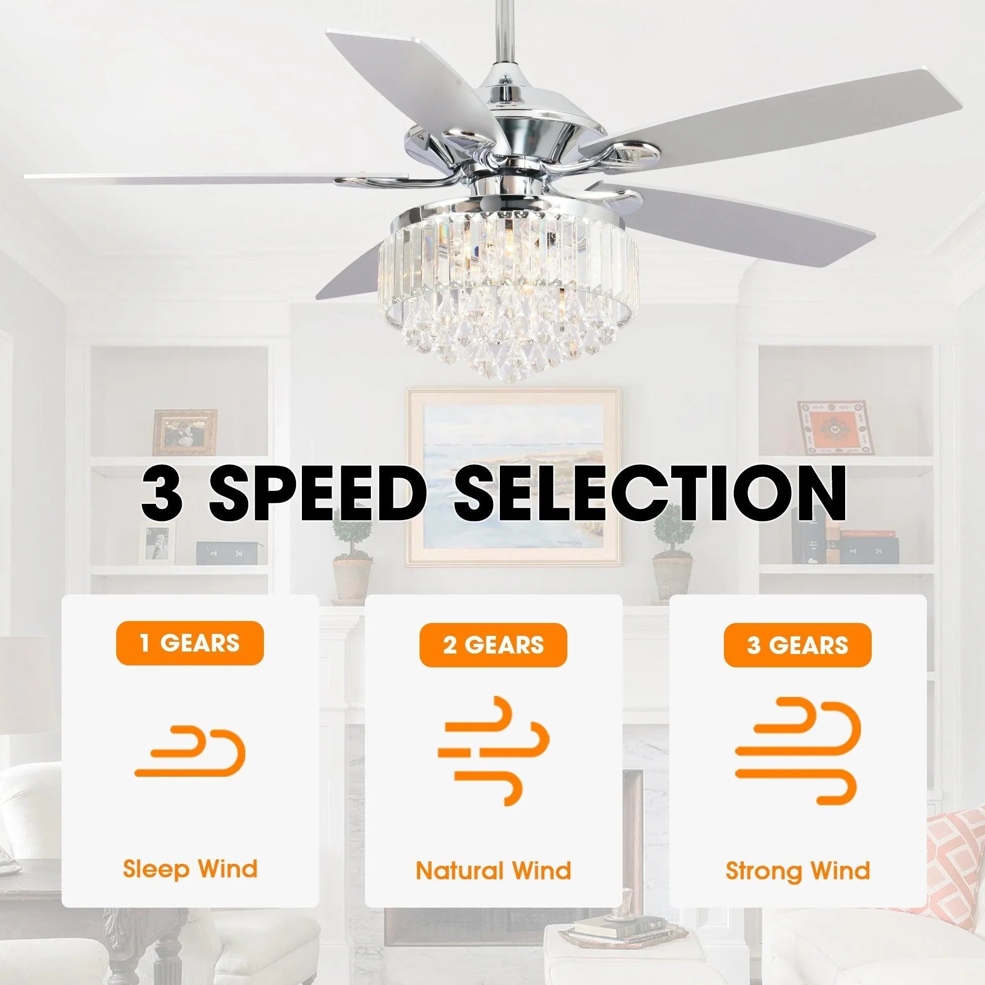Ceiling fan chandelier with chrome fan blades and clear crystal shade