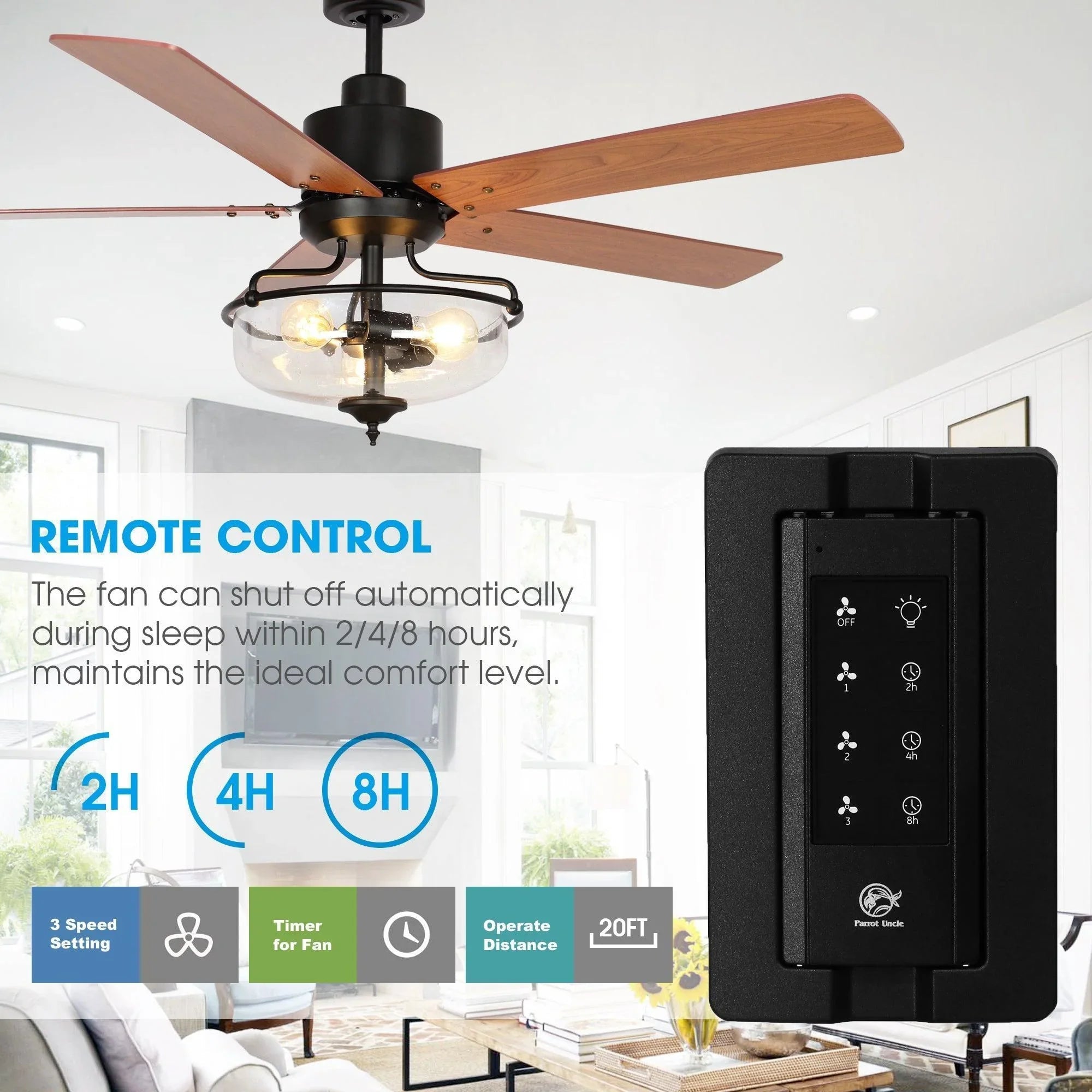 Black ceiling fan with frosted glass light globe and handheld remote control