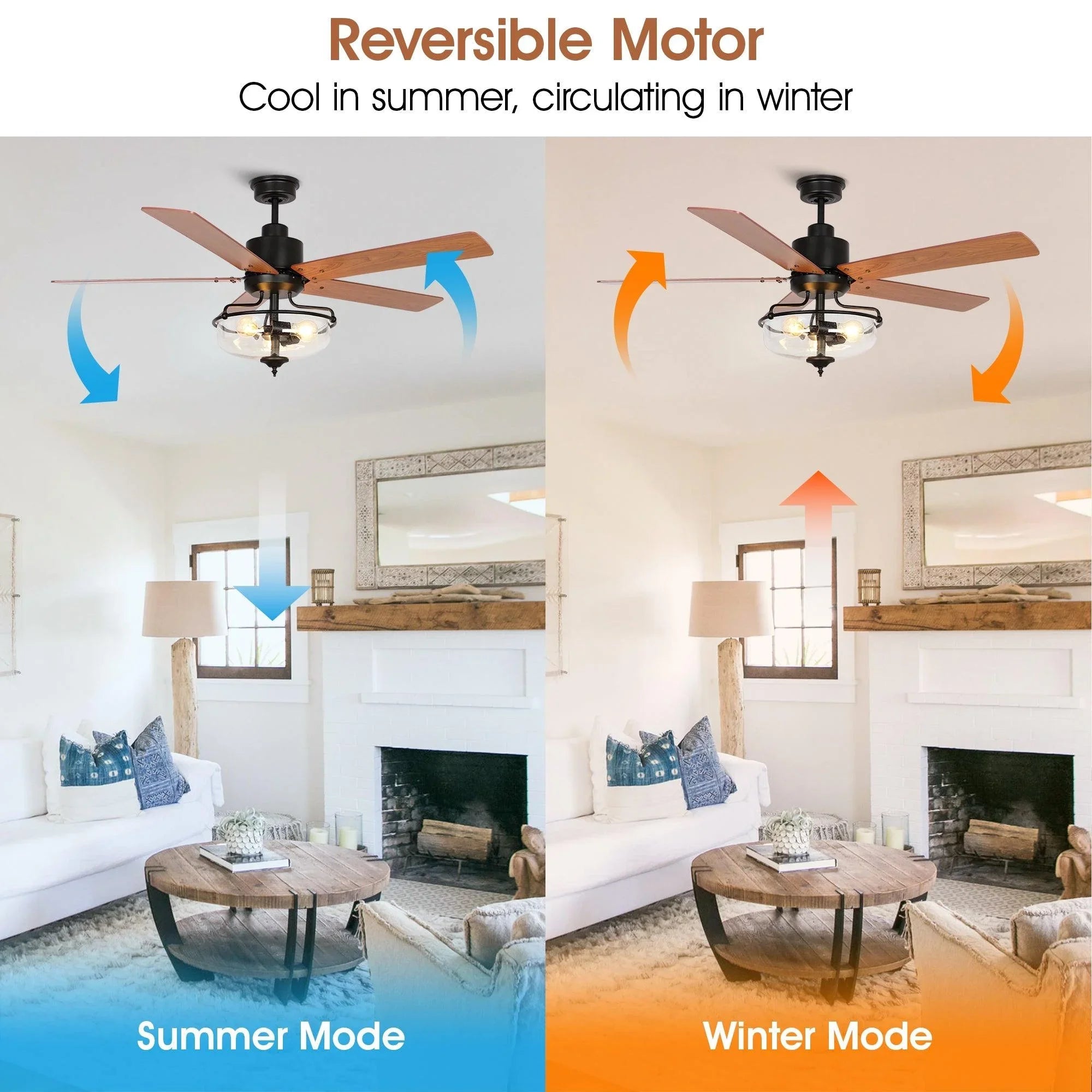 Reversible ceiling fan with airflow direction arrows for summer and winter