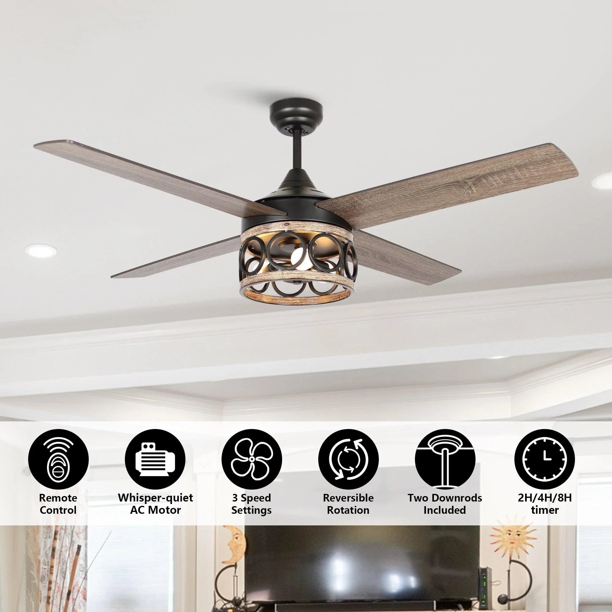 Black ceiling fan with decorative light cage; remote control and speed icons shown.