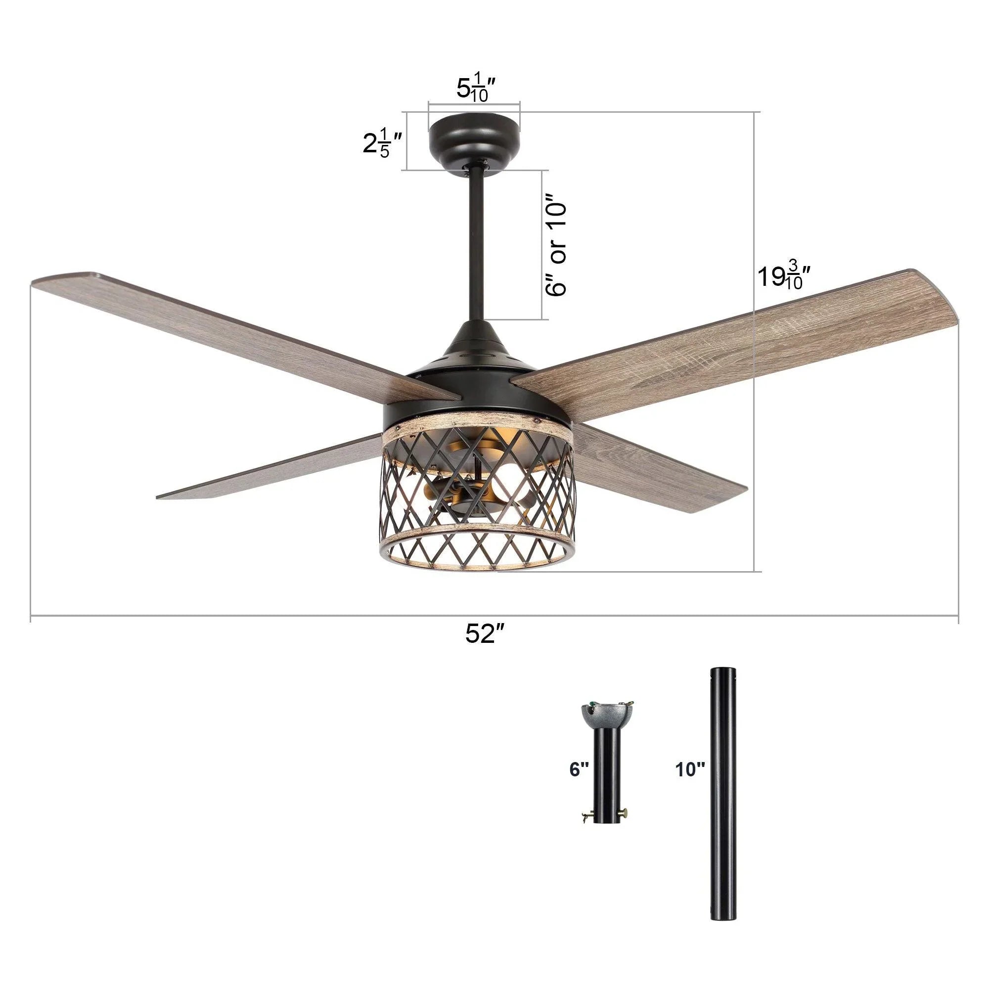 52-inch ceiling fan dimensions: black housing, downrod mount, five wood-grain blades, light cage