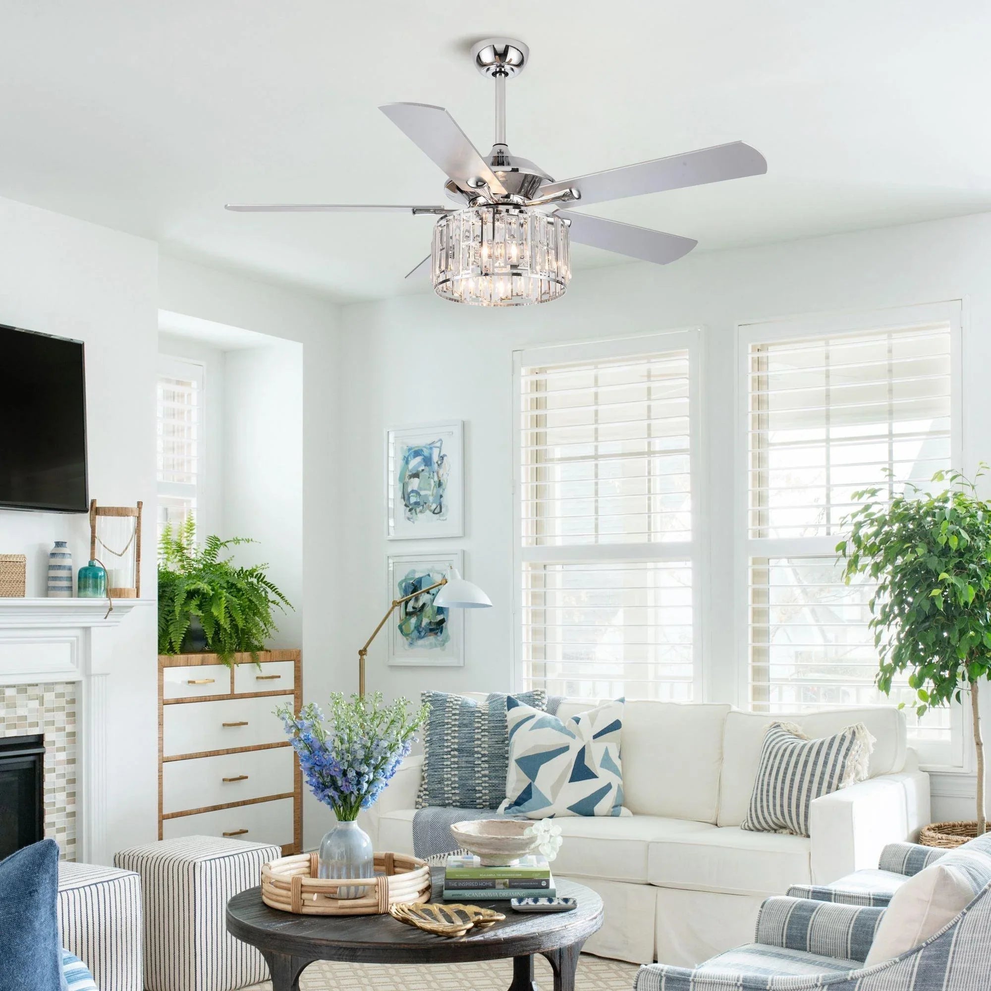 Crystal ceiling fan with 4 blades, integrated light fixture, and chrome downrod