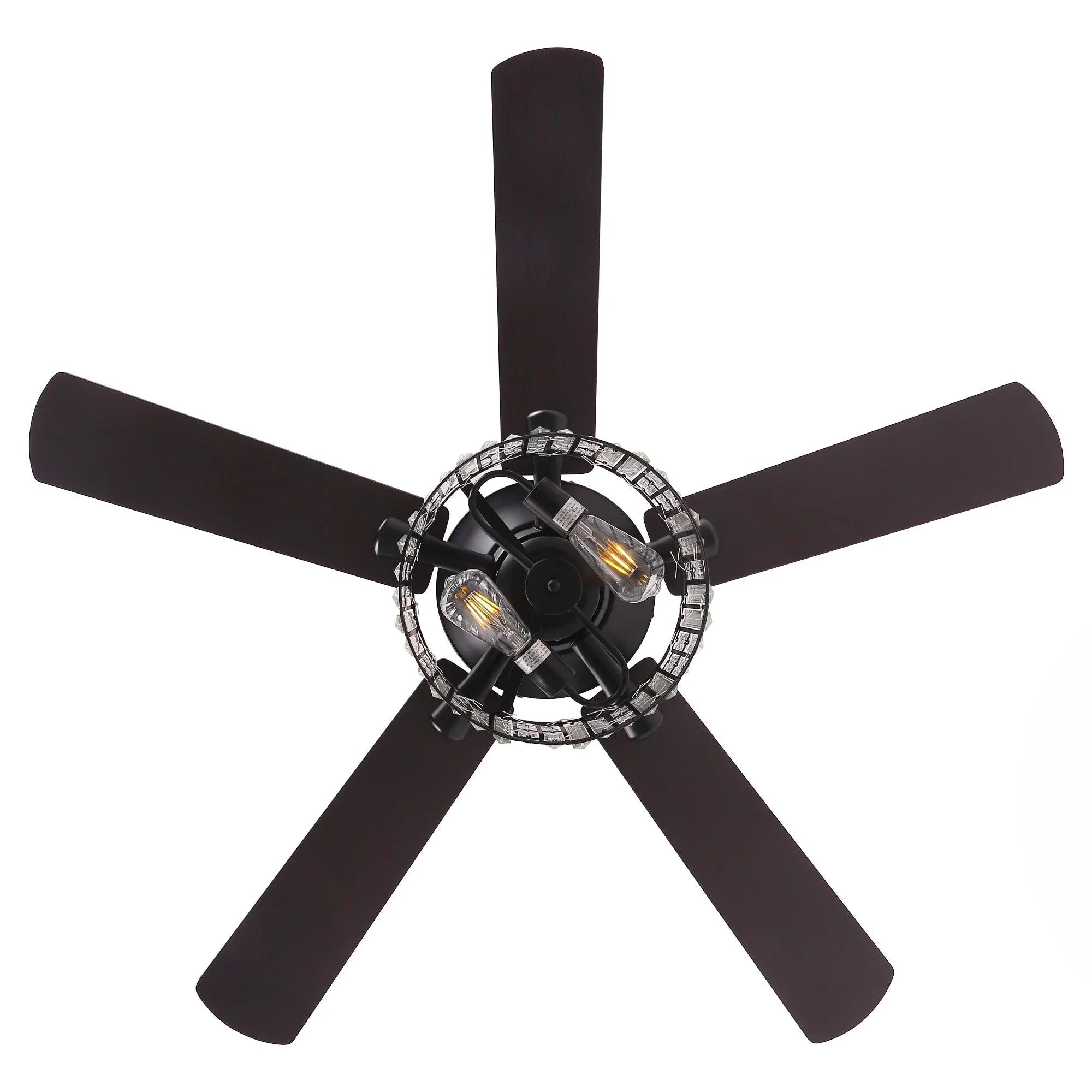 Ceiling fan with crystal light housing and four dark reversible blades