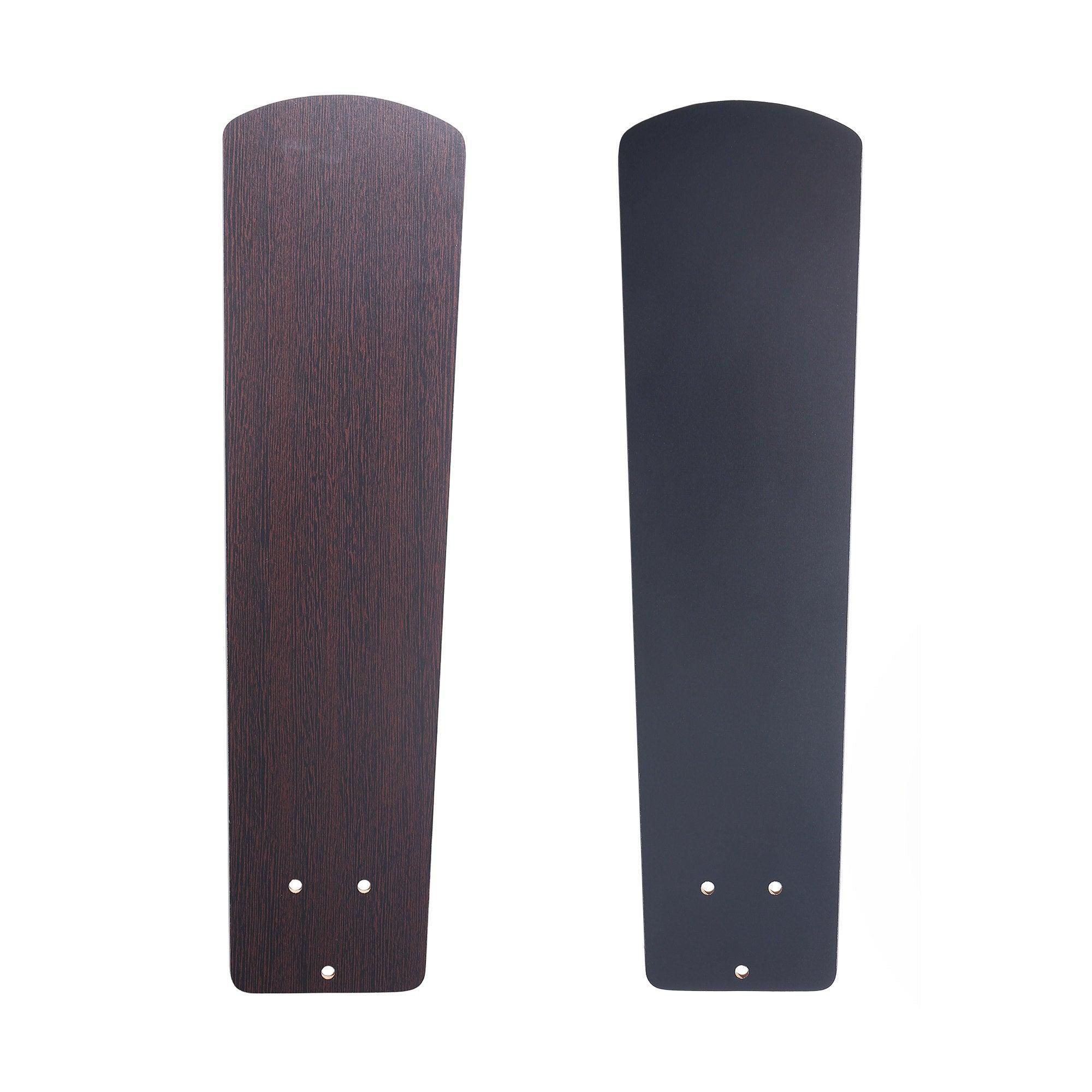 Reversible ceiling fan blades: wood-grain side and dark side with screw holes