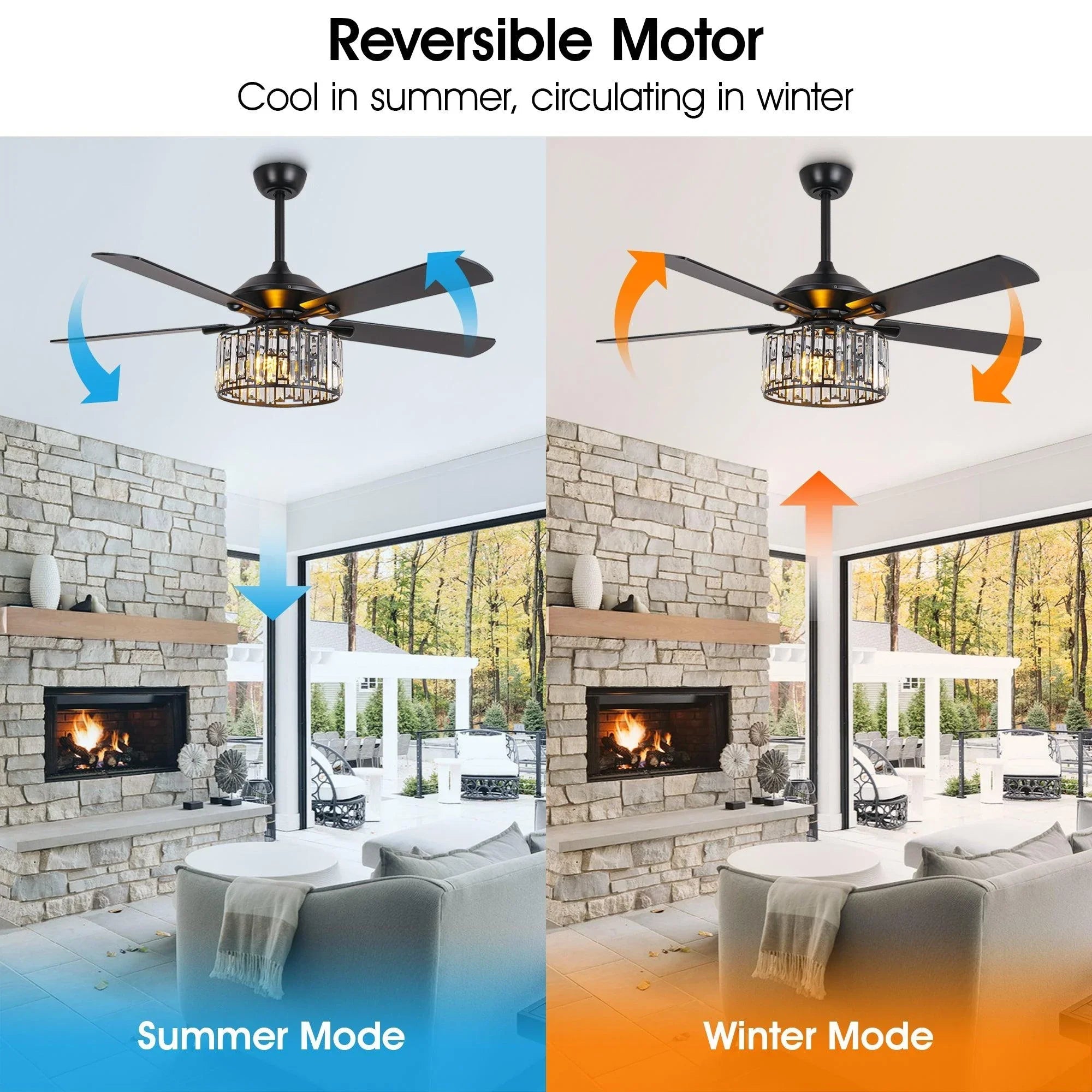 Ceiling fan with crystal glass light and four blades, reversible motor design