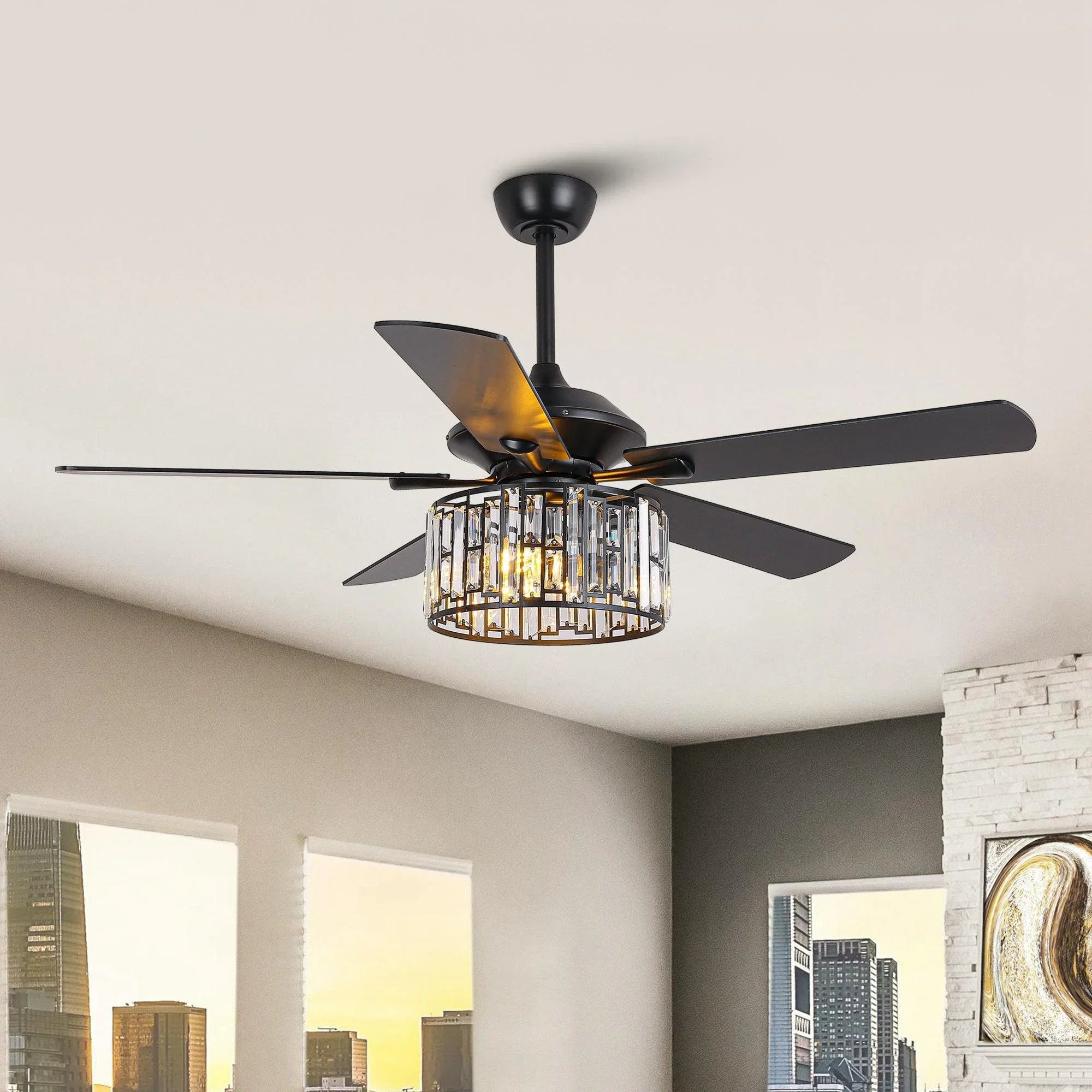 Ceiling fan with crystal glass light fixture and four blades, black finish