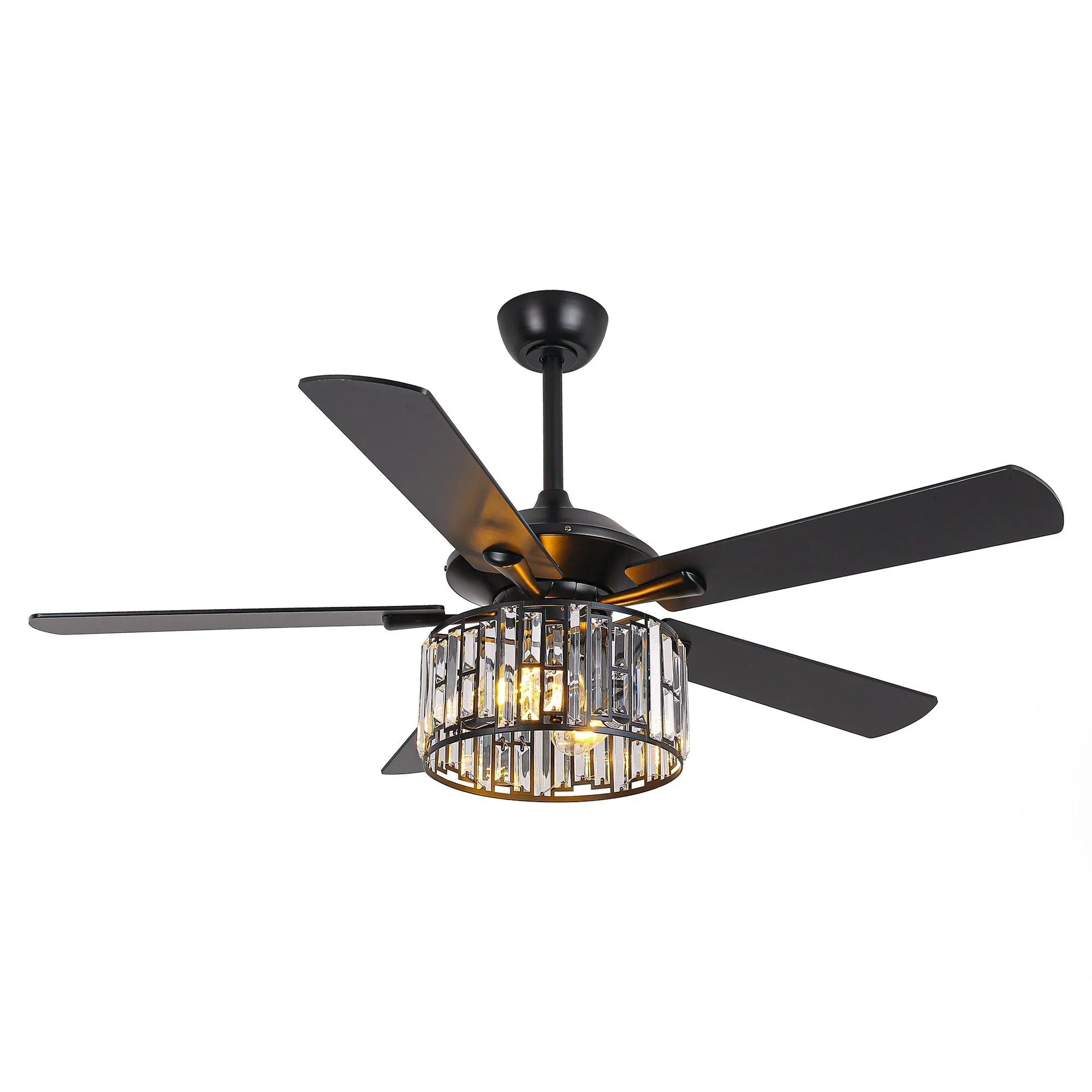 Black ceiling fan with five dark blades and a round crystal drum light fixture.