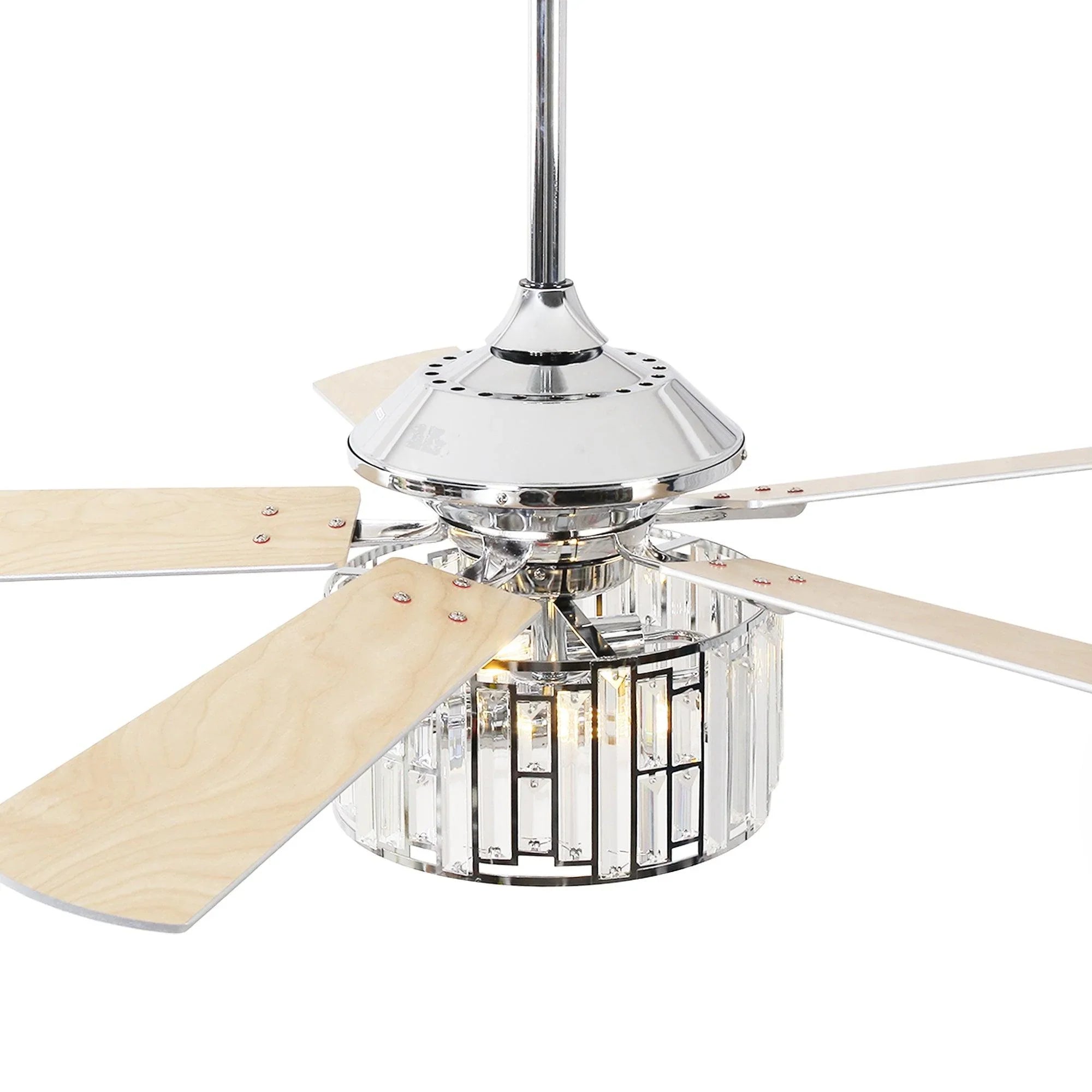 Close-up crystal ceiling fan with chrome frame, glass light housing, and wood blades