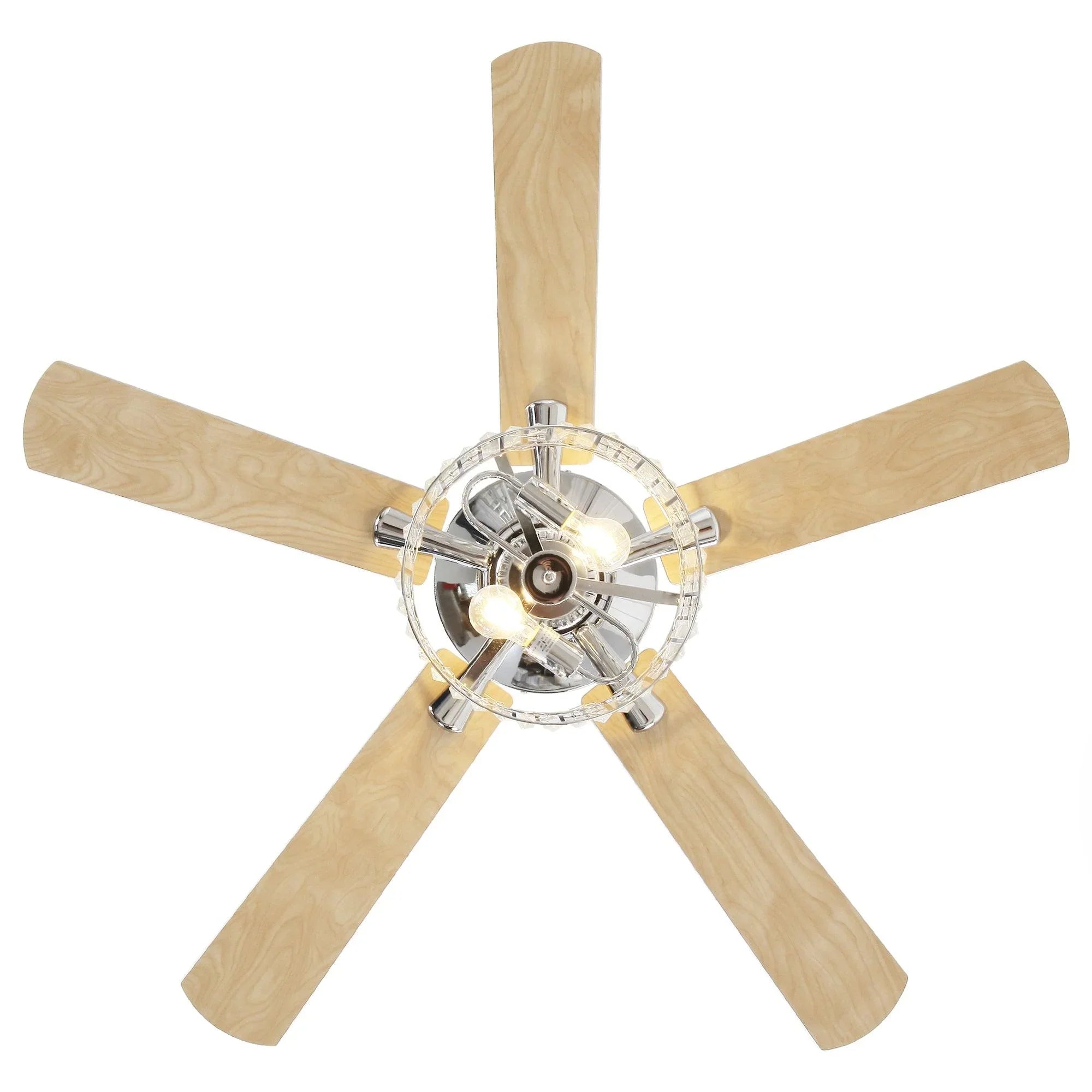 Chrome crystal ceiling fan with four light wood blades and central light fixture