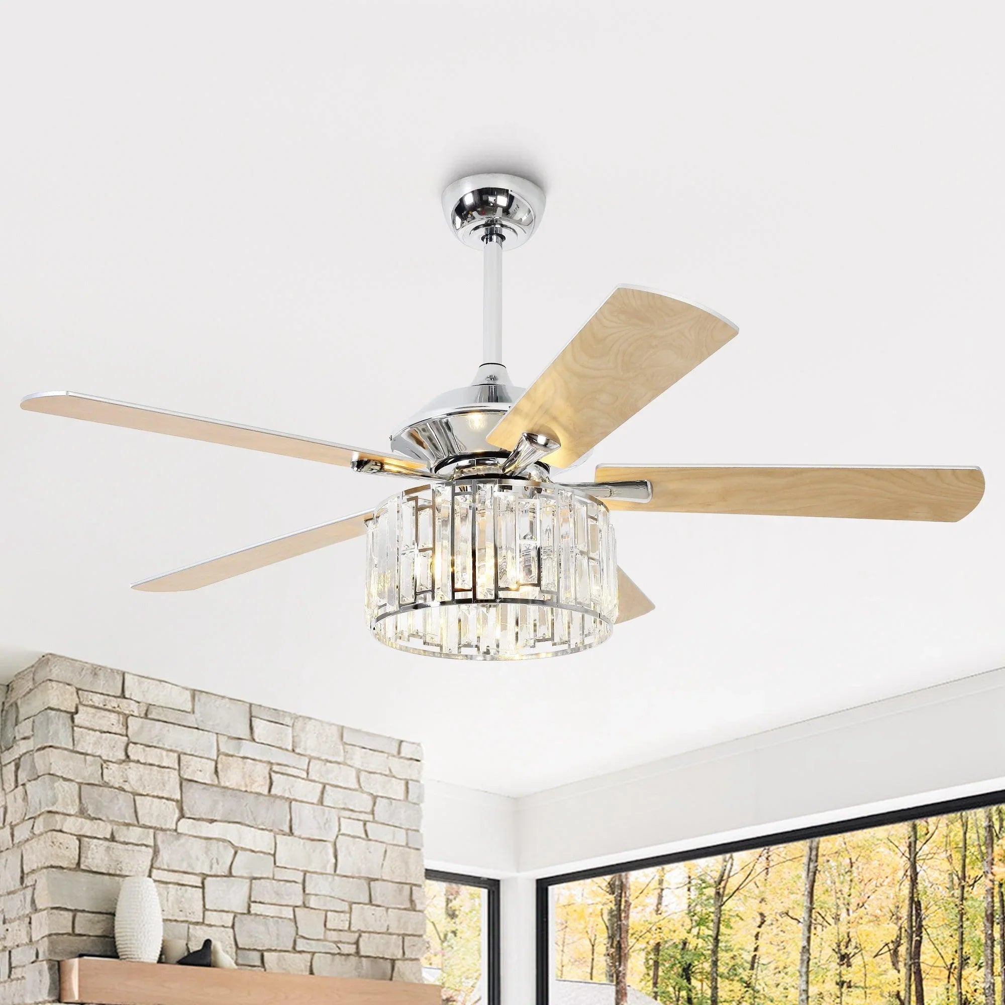 Crystal ceiling fan with wood blades and glass light cylinder on chrome mount