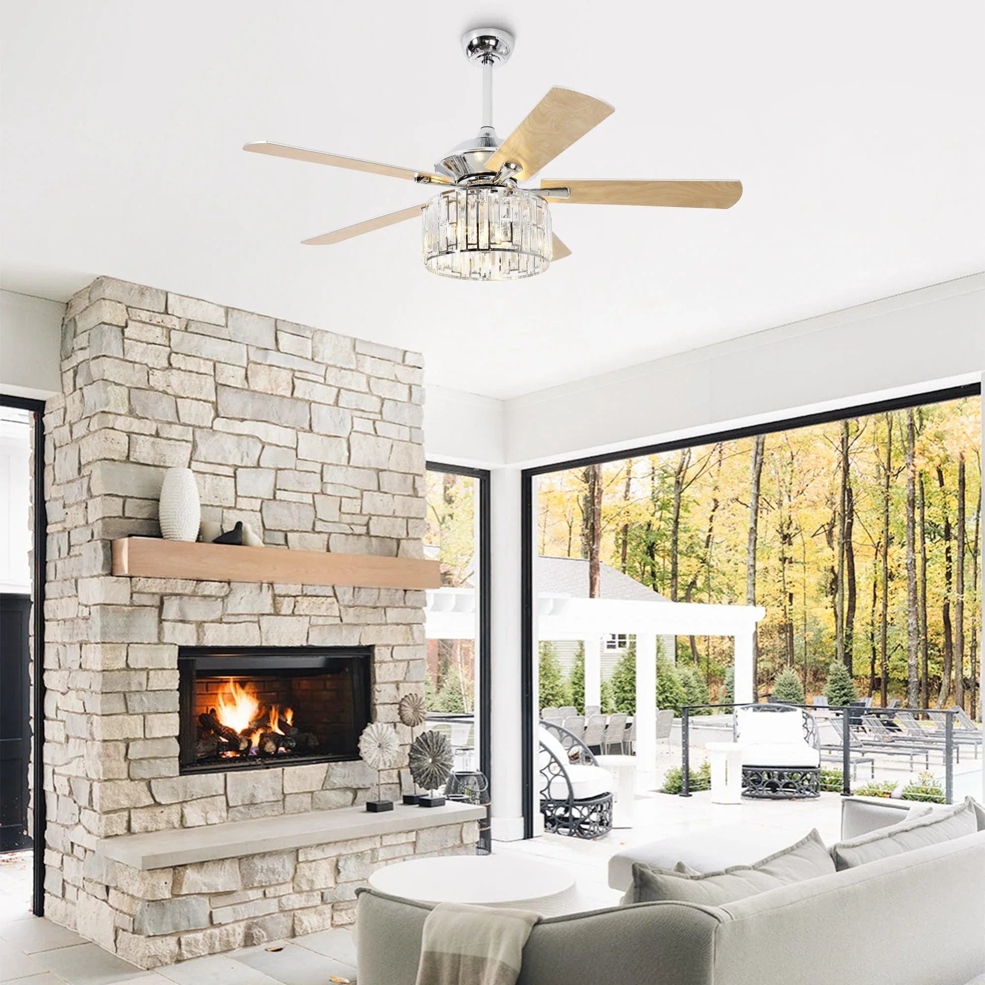 Chrome ceiling fan with crystal glass light fixture and four blades