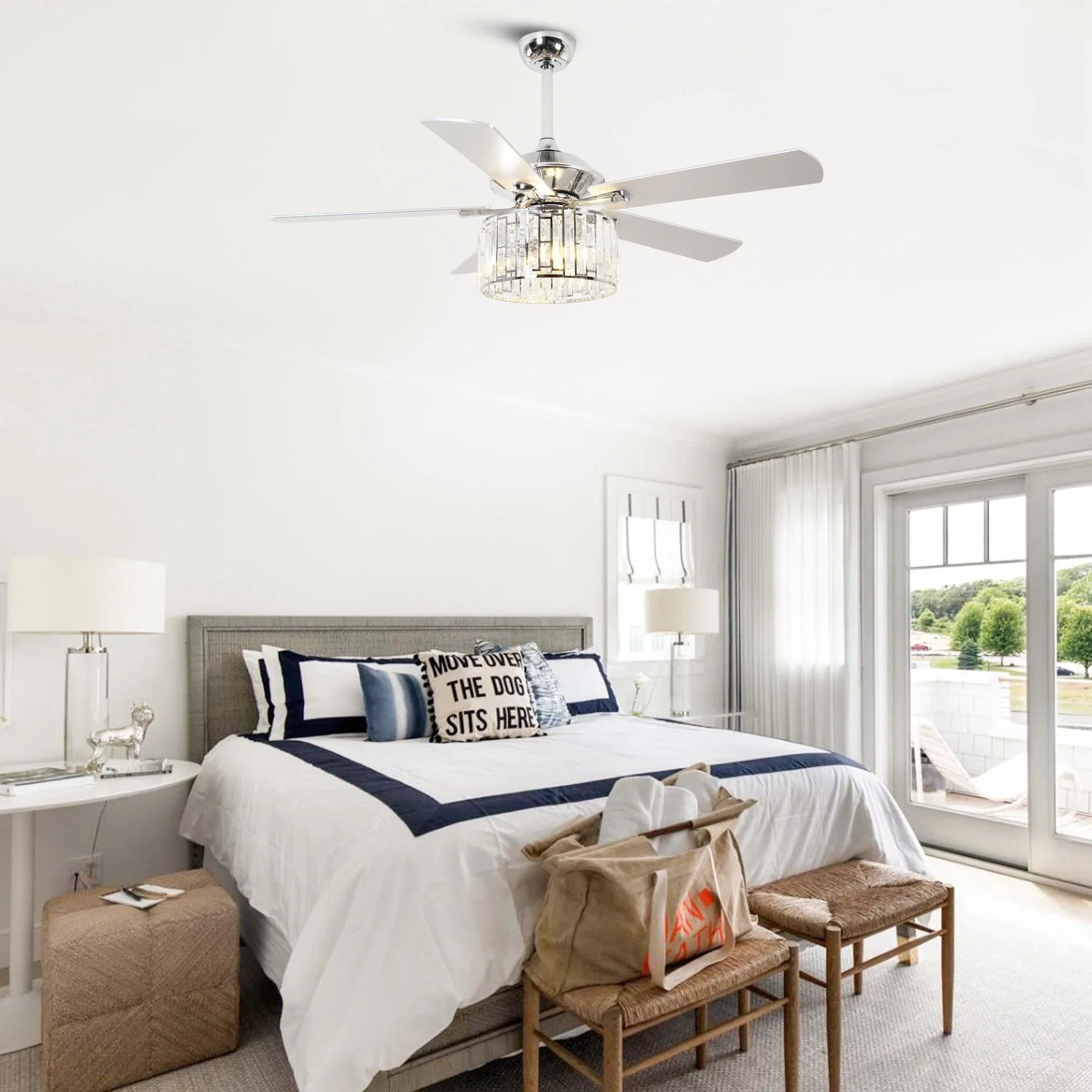 Modern crystal ceiling fan with 4 blades and downward glass light fixture