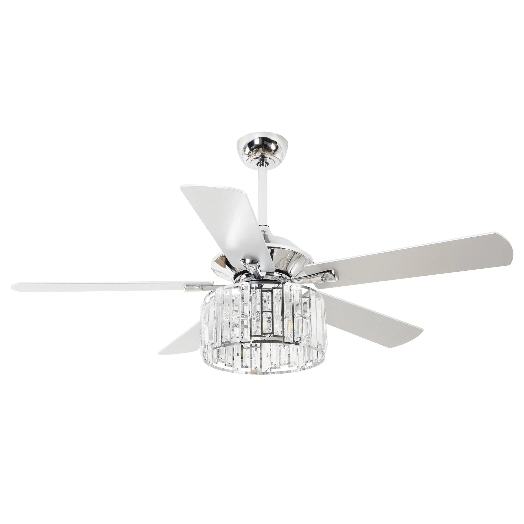 Crystal ceiling fan with chrome motor housing, 4 blades, and chandelier-style light