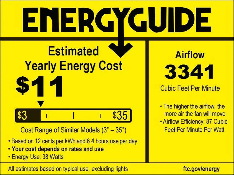 EnergyGuide label for ceiling fan: estimated yearly energy cost and airflow rating
